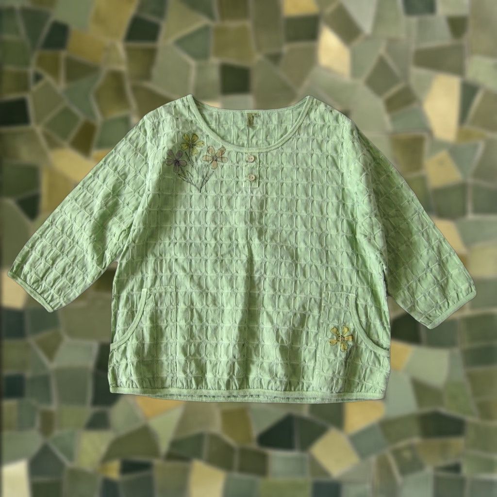 Vintage Focus 100% Waffle Cotton Green Floral Pocket 3/4 Sleeve Boxy Tunic Blouse XL Size XL / US 12-14 / IT 48-50 - 1 Thumbnail