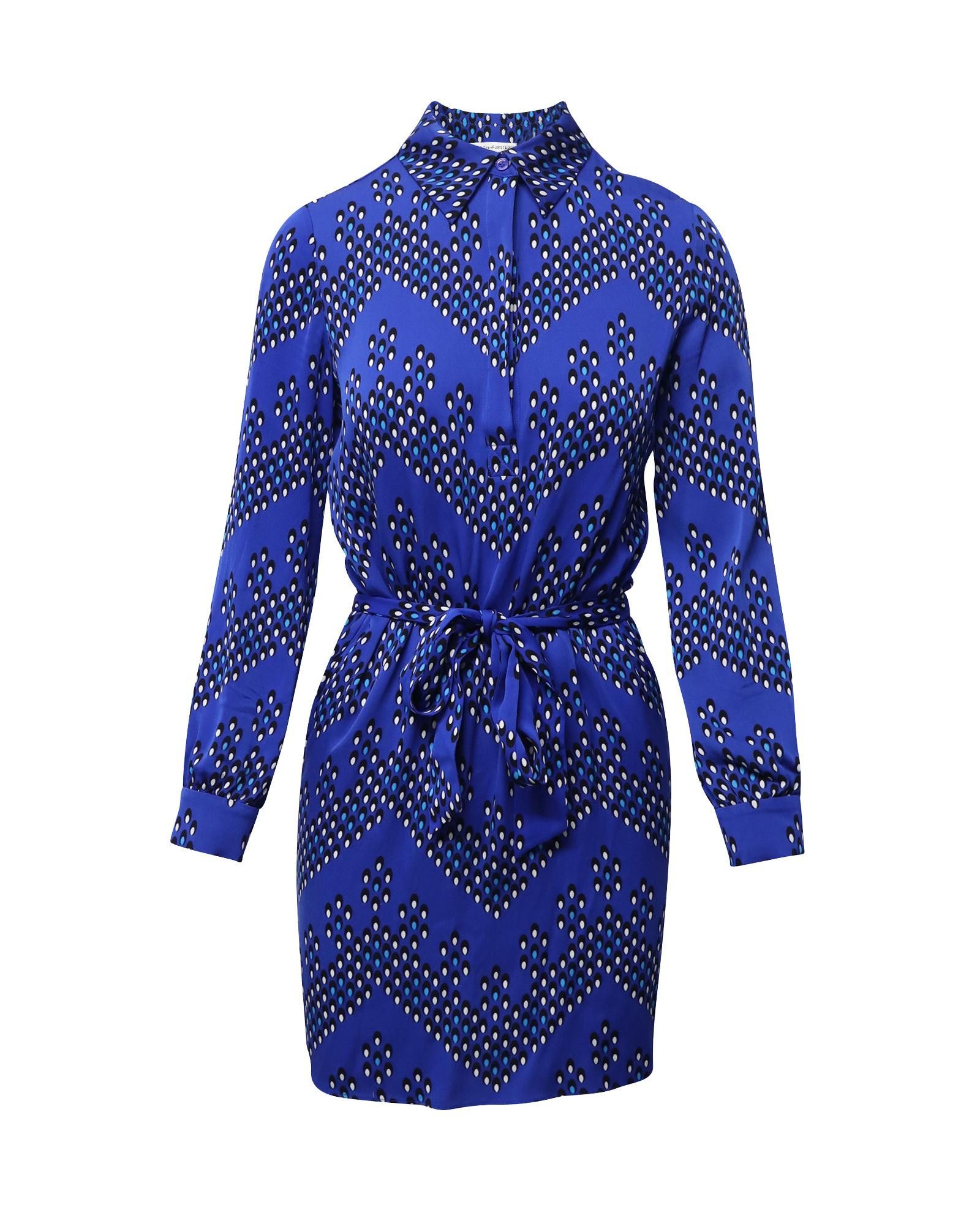 image of Diane Von Furstenberg Patterned Silk Wrap Dress With Pointed Collar And Button Cuffs in Blue, Women