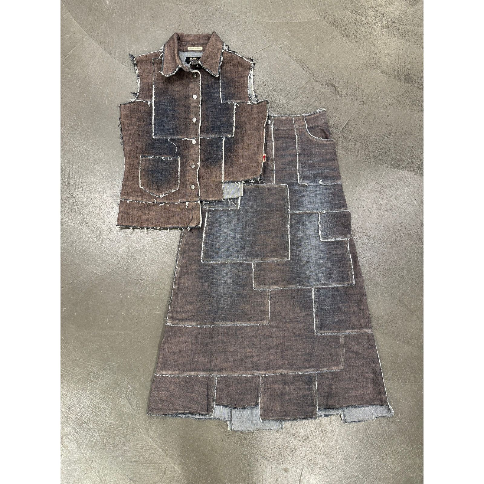 2000s Jean Paul Gaultier denim patchwork set top long skirt