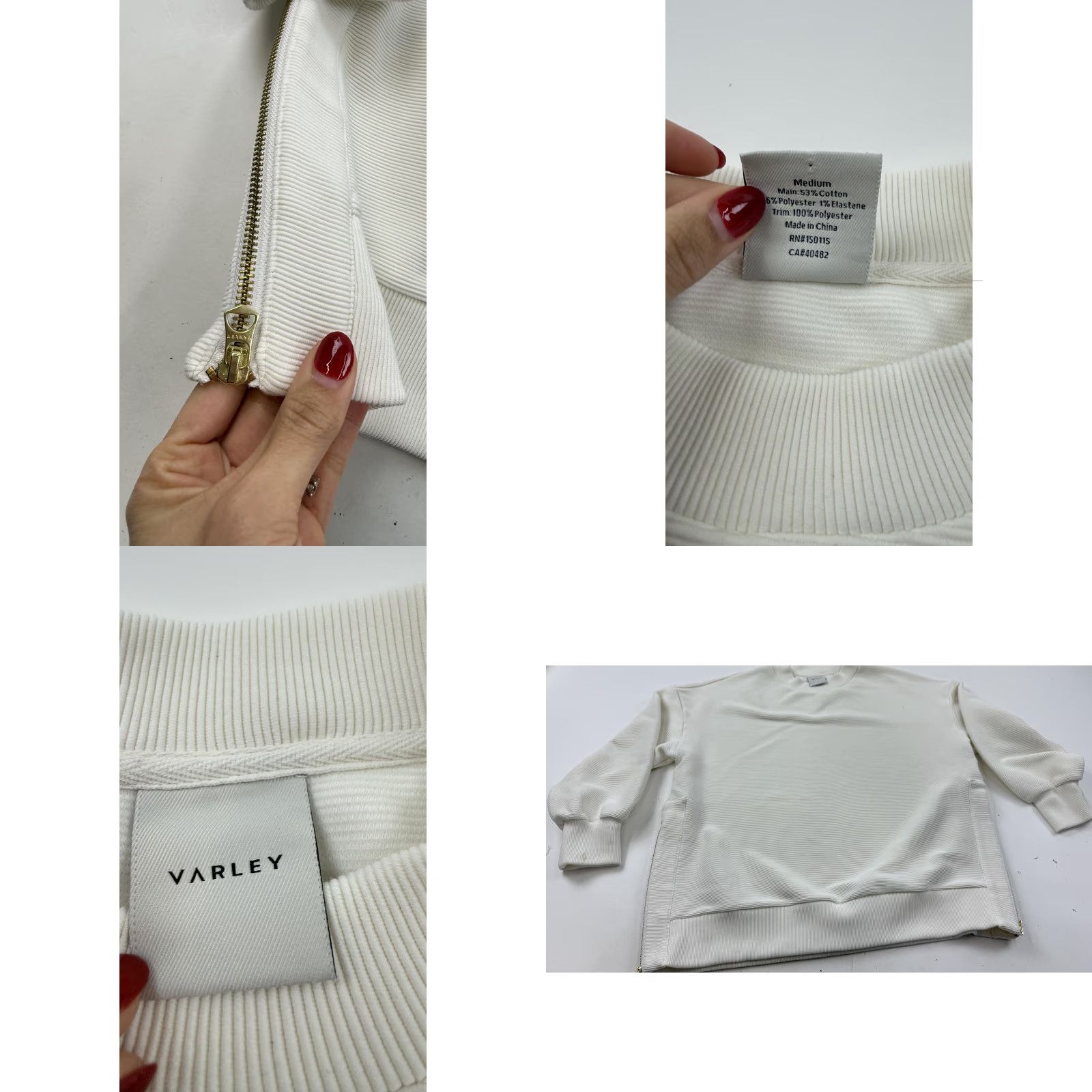 Varley Varley Sweatshirt Womens Medium White Textured Ribbed Side Zip Pullover Crewneck Size M / US 6-8 / IT 42-44 - 8 Thumbnail