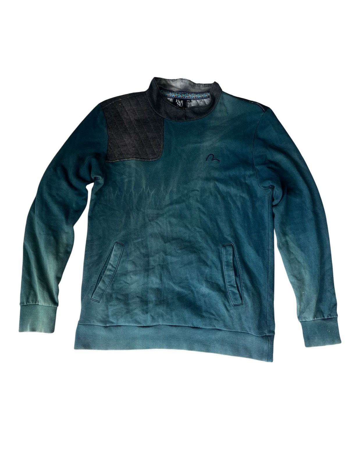 Japanese Brand EVISU Teal Crewneck with Diamond Quilted Shoulder Panels Size US M / EU 48-50 / 2 - 1 Thumbnail