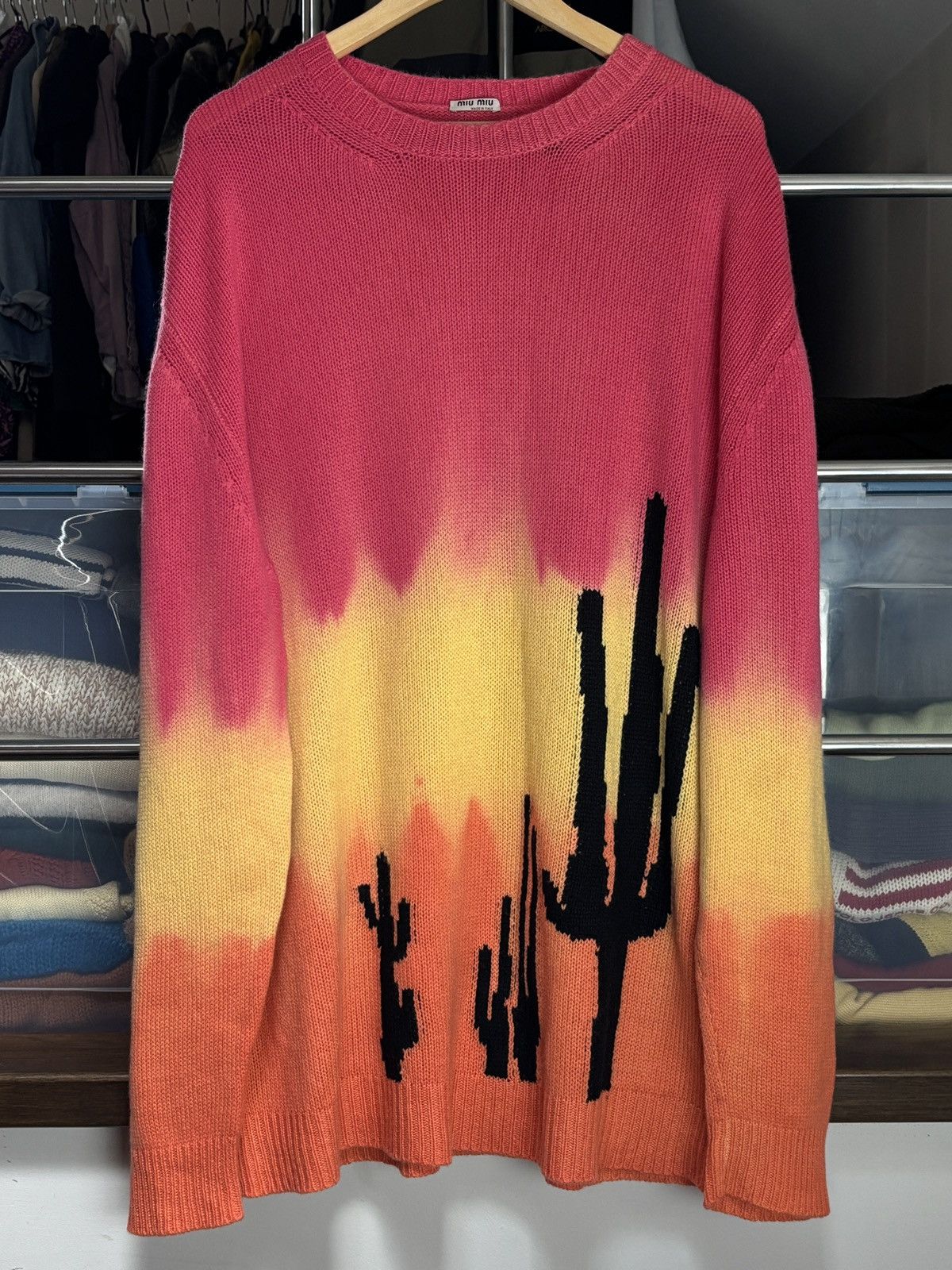 Miu Miu Knitted Oversize Ombre Cactus Print Cashmere Sweater