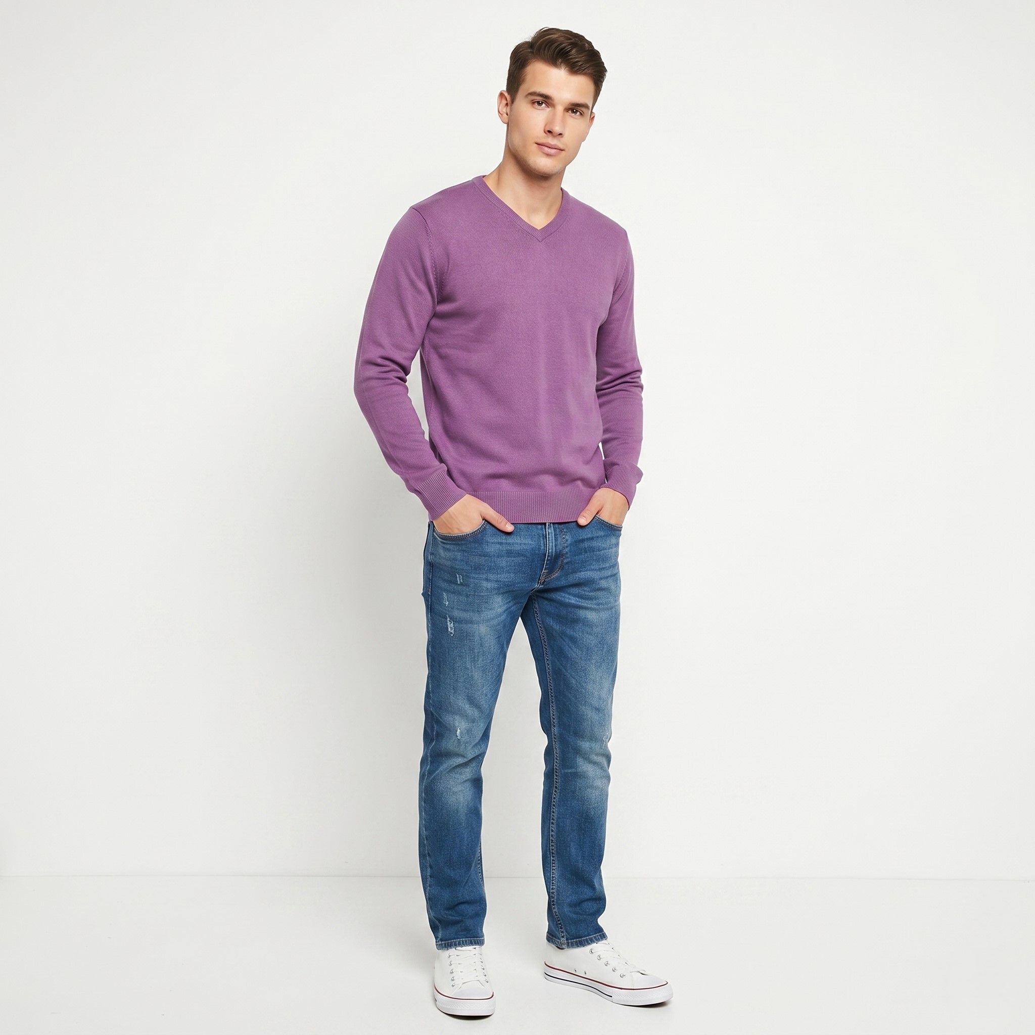 Vintage James Pringle Men M Jumper V Neck Purple 10519 Size US M / EU 48-50 / 2 - 1 Thumbnail