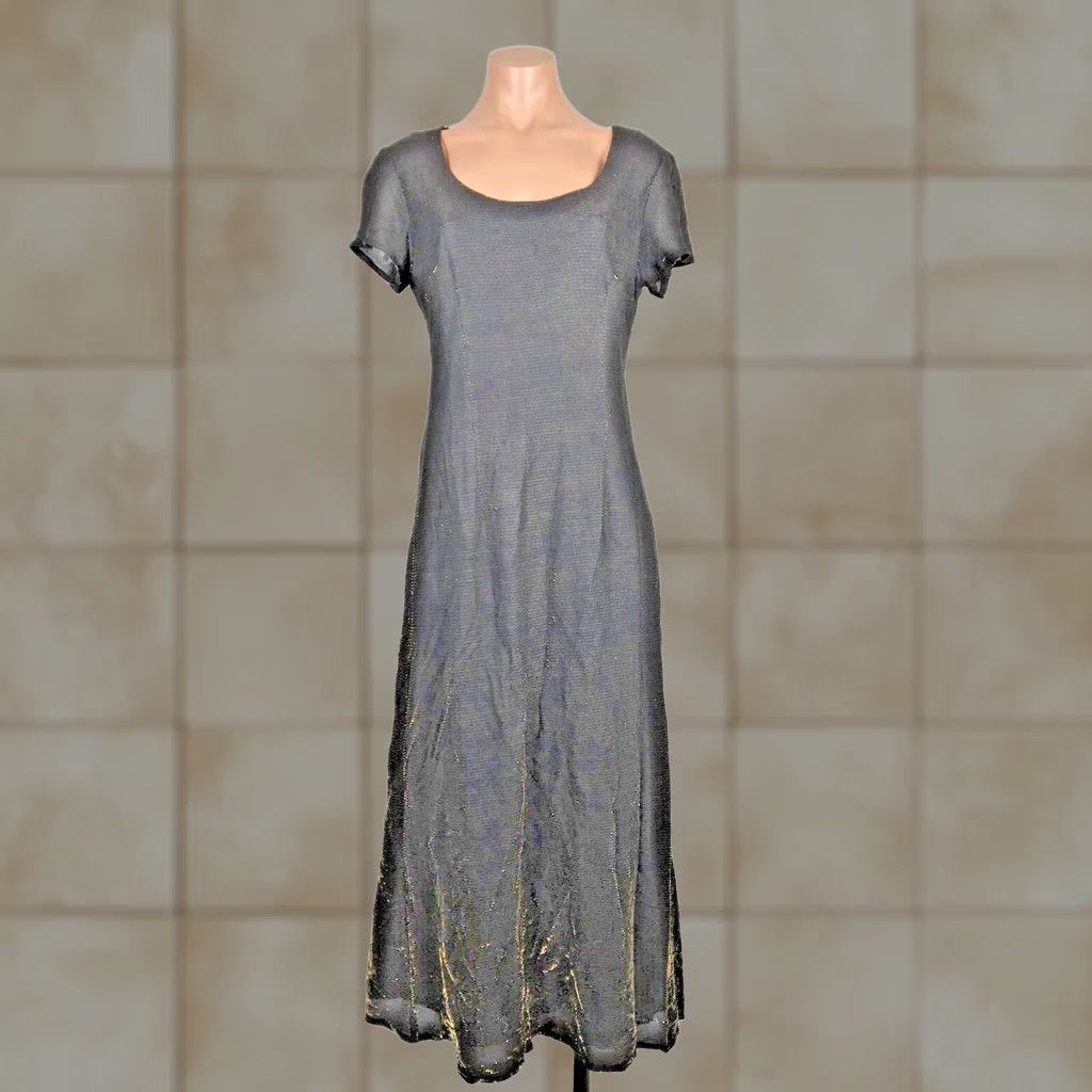 Vintage Vtg 90s Dress Sz 12 Black Gold Glitter Bling Slinky Short Sleeve Party Maxi USA Size 34" / US 12 / IT 48 - 1 Thumbnail