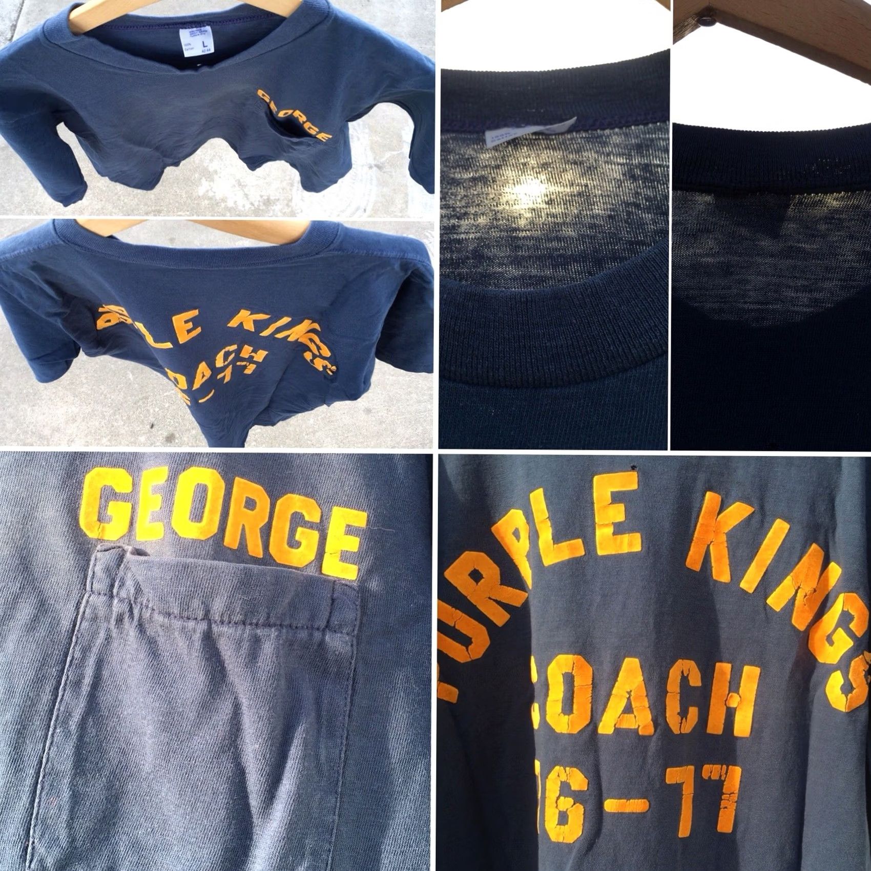 JCPenney VINTAGE GEORGE PURPLE KINGS COACH 76-77 1970s Pocket T Shirt L Blue Mens CK Paint Size US L / EU 52-54 / 3 - 6 Thumbnail