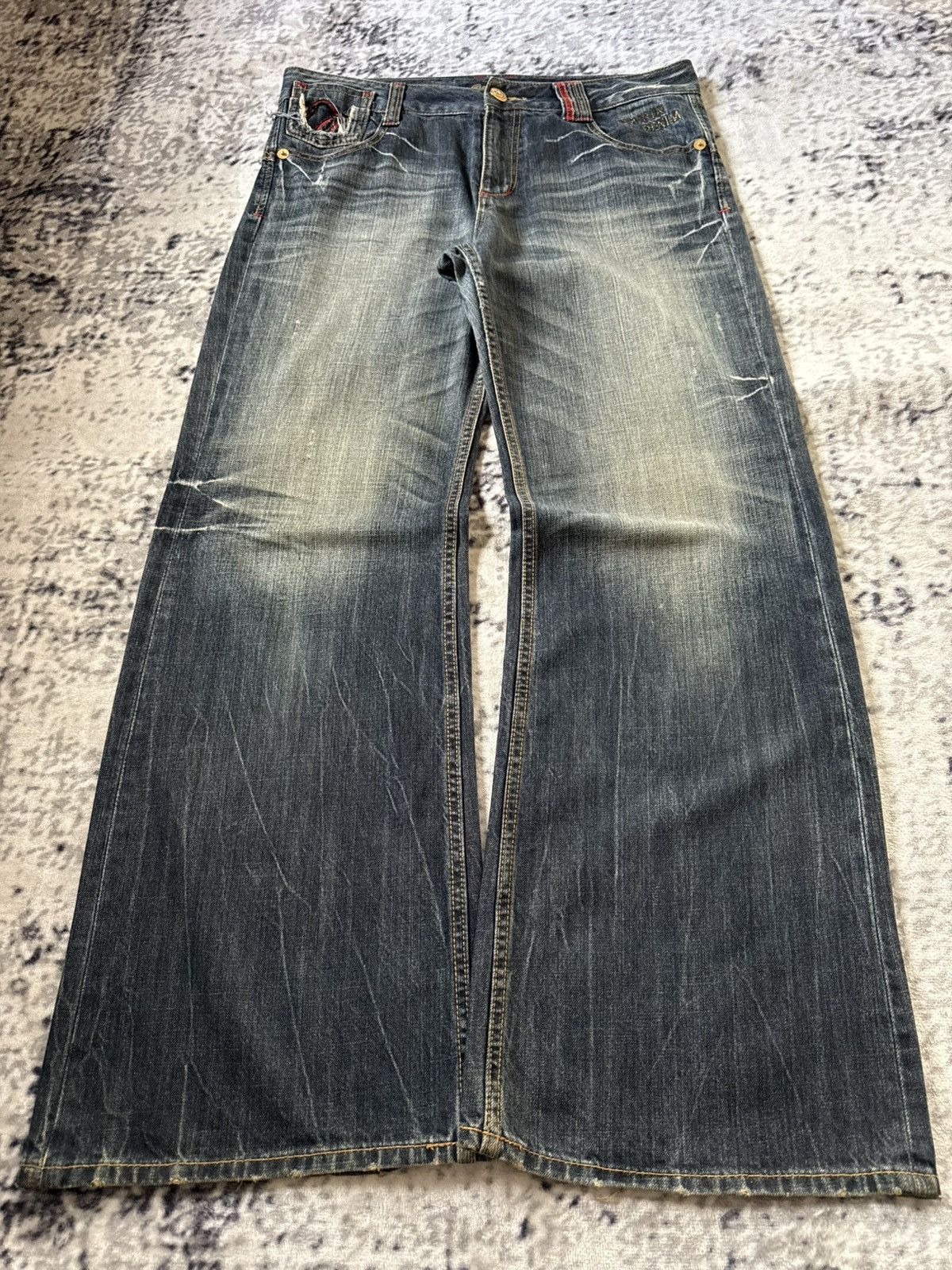 Japanese Brand Oririn Dr Denim Embroidered Flared Wide Leg Jeans Size US 34 / EU 50 - 2 Thumbnail