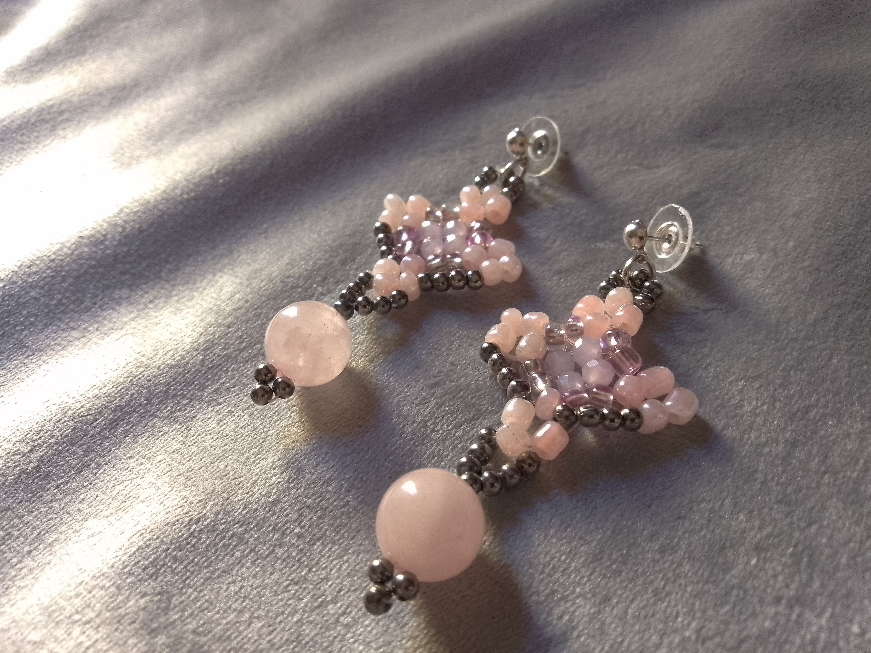 Handmade Earrings Rose Quartz Beaded Elegant Long Size ONE SIZE - 2 Thumbnail