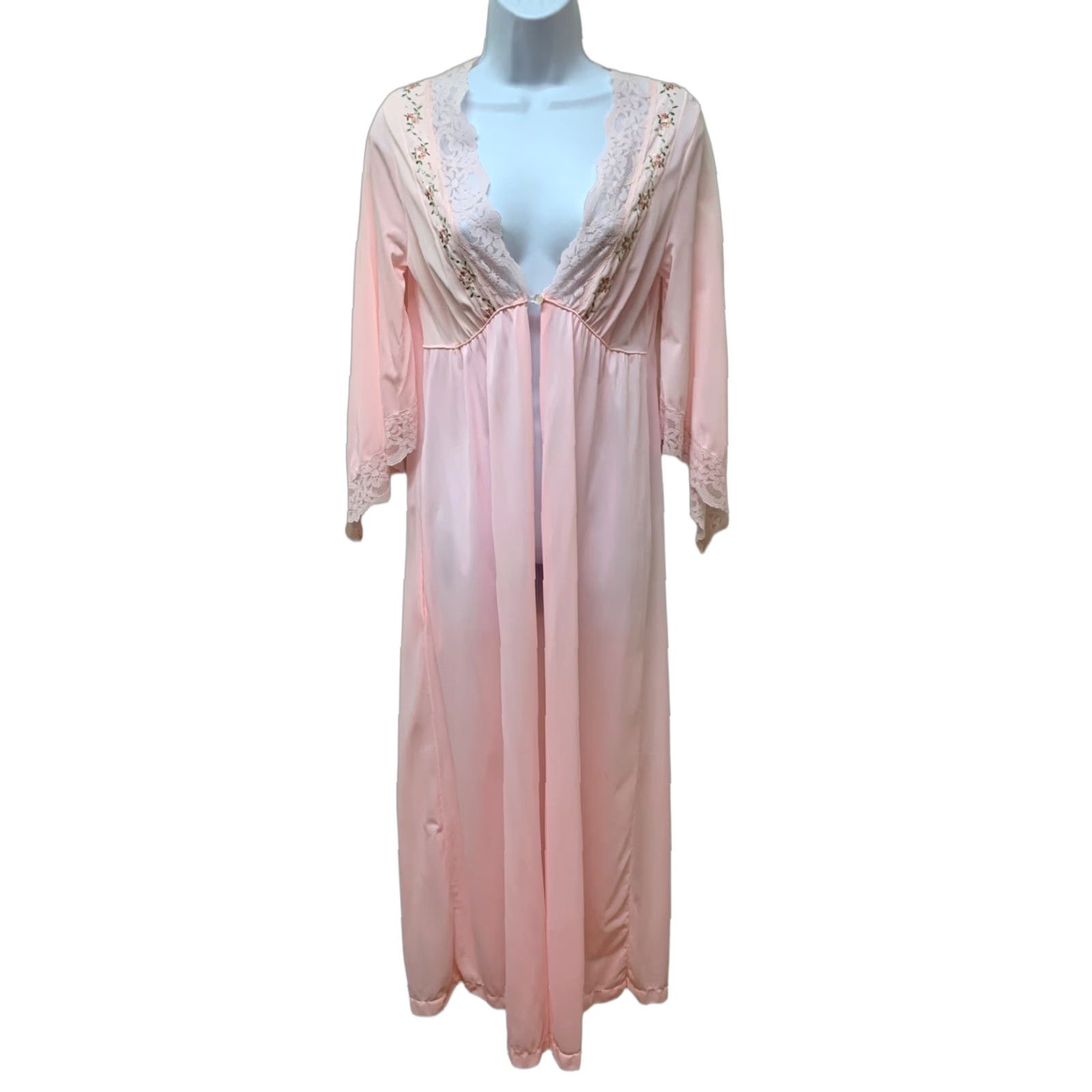 Bell VINTAGE Pink Bell Sleeve Silky Nylon Lace Embroidered Floral Peignoir Robe M Size ONE SIZE - 1 Thumbnail