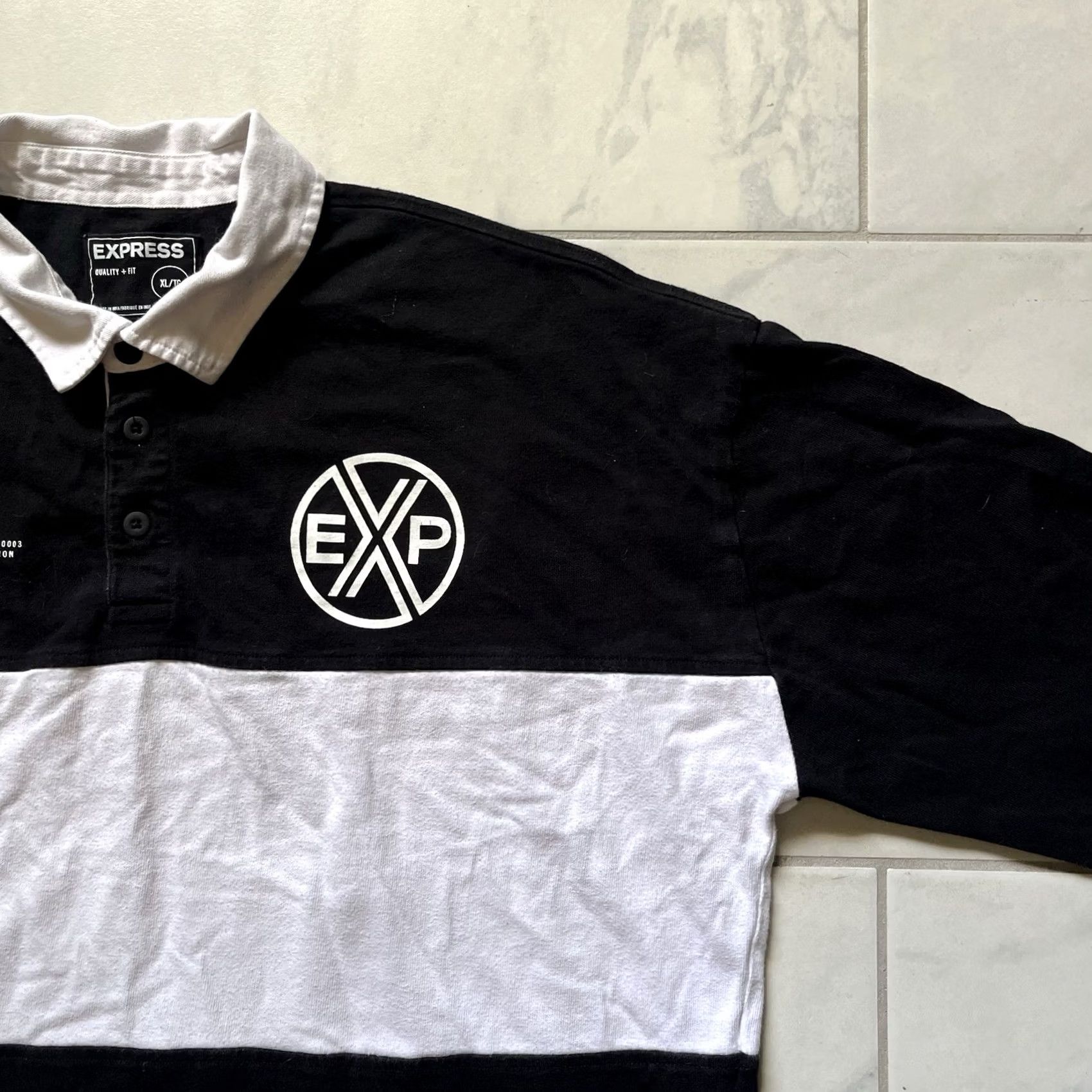 Express VINTAGE Express Polo Shirt XL Black White Mens Embroidered Cotton Sailor Rugby Size US XL / EU 56 / 4 - 3 Thumbnail