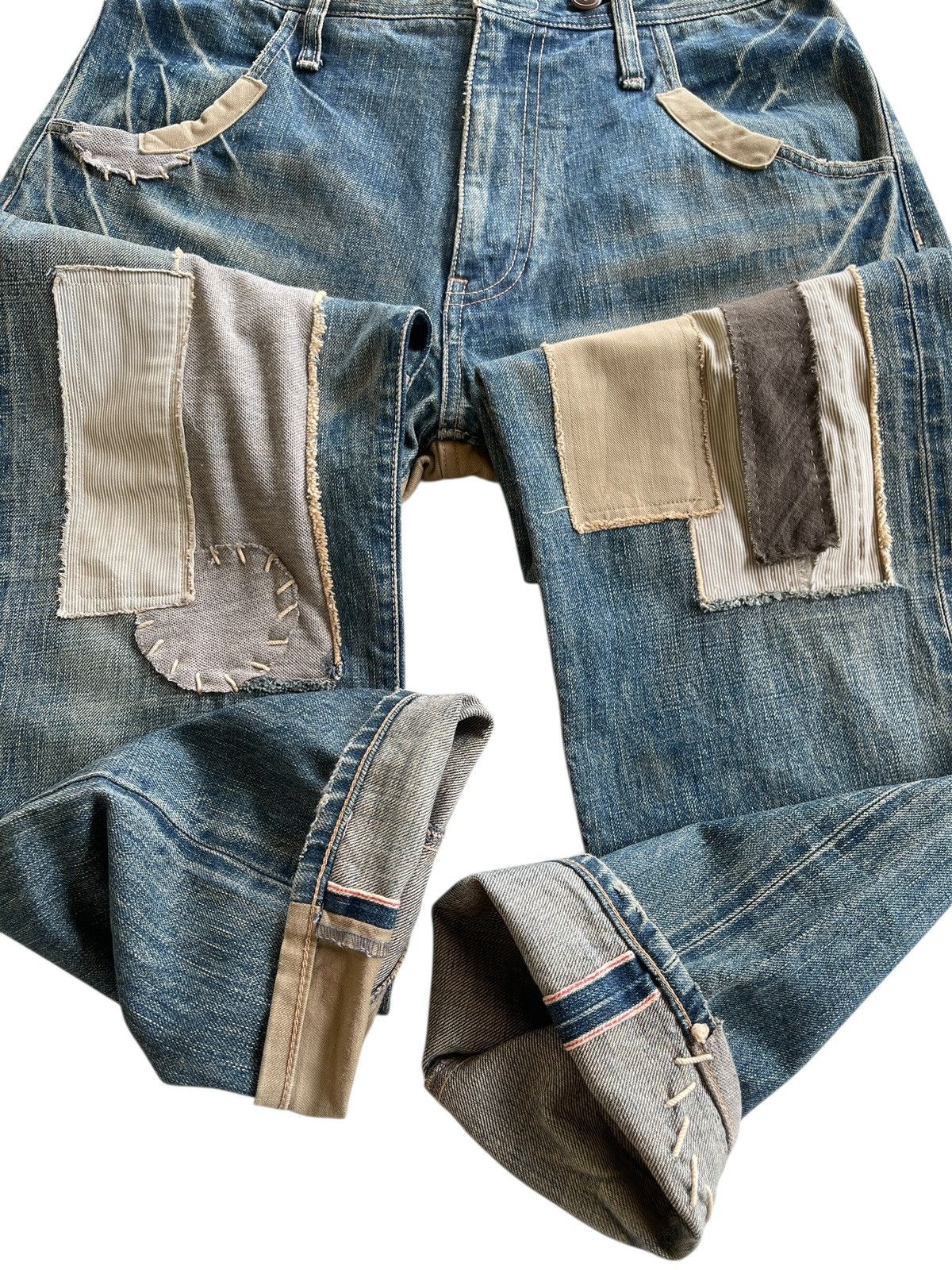 Vintage R.Newbold Old & New Selvedge Buckle Patchwork Limited Denim Size US 31 - 13 Thumbnail