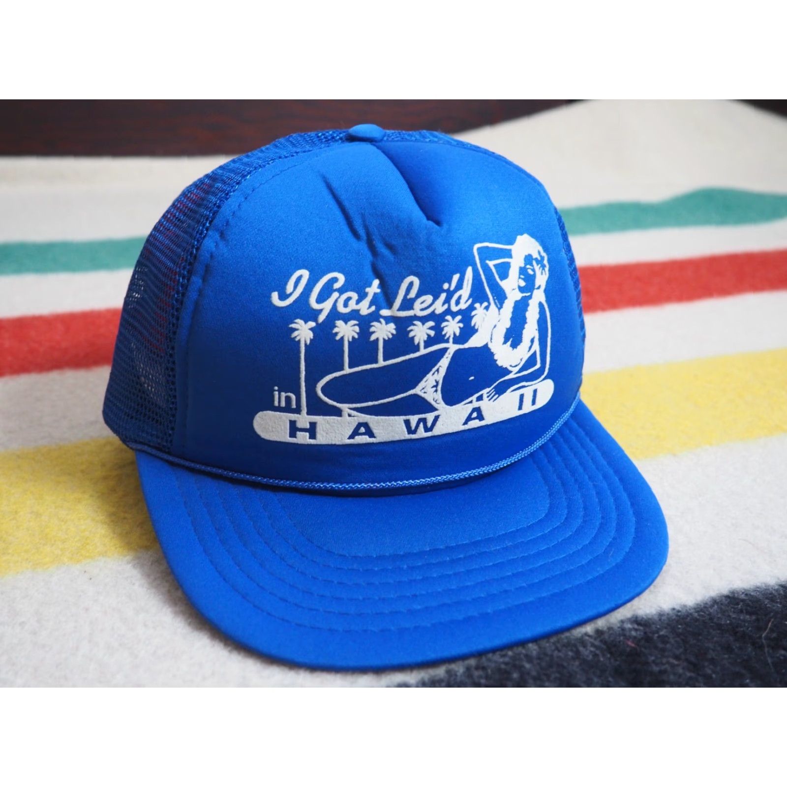Vintage VTG 80s 90s Hawaiian Headwear Lei'd Blue Surf Joke Beach Trucker Snapback Hat Size ONE SIZE - 2 Thumbnail