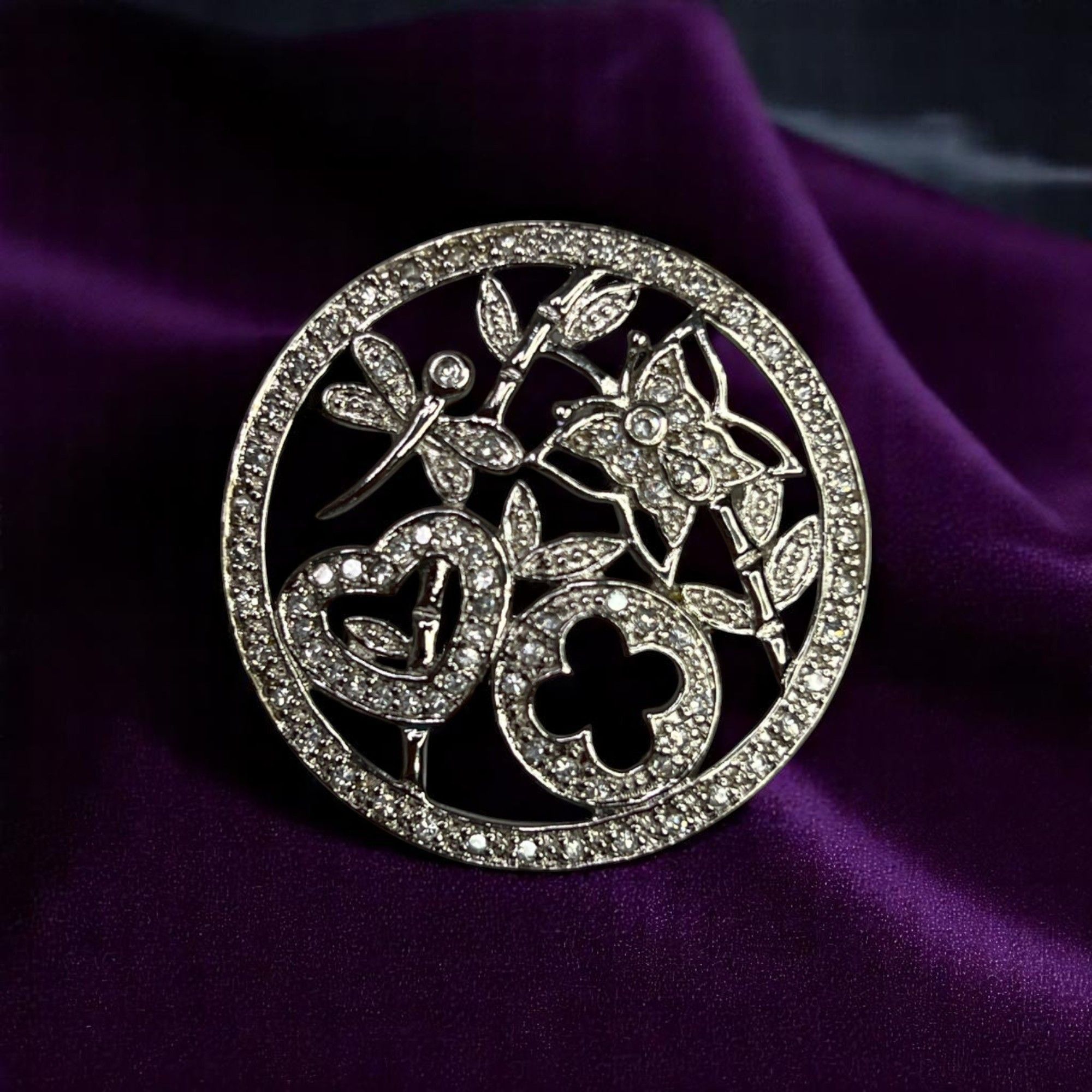 Designer Round Silver Tone Cubic Zirconia Pendant With Floral Design Size ONE SIZE - 1 Thumbnail