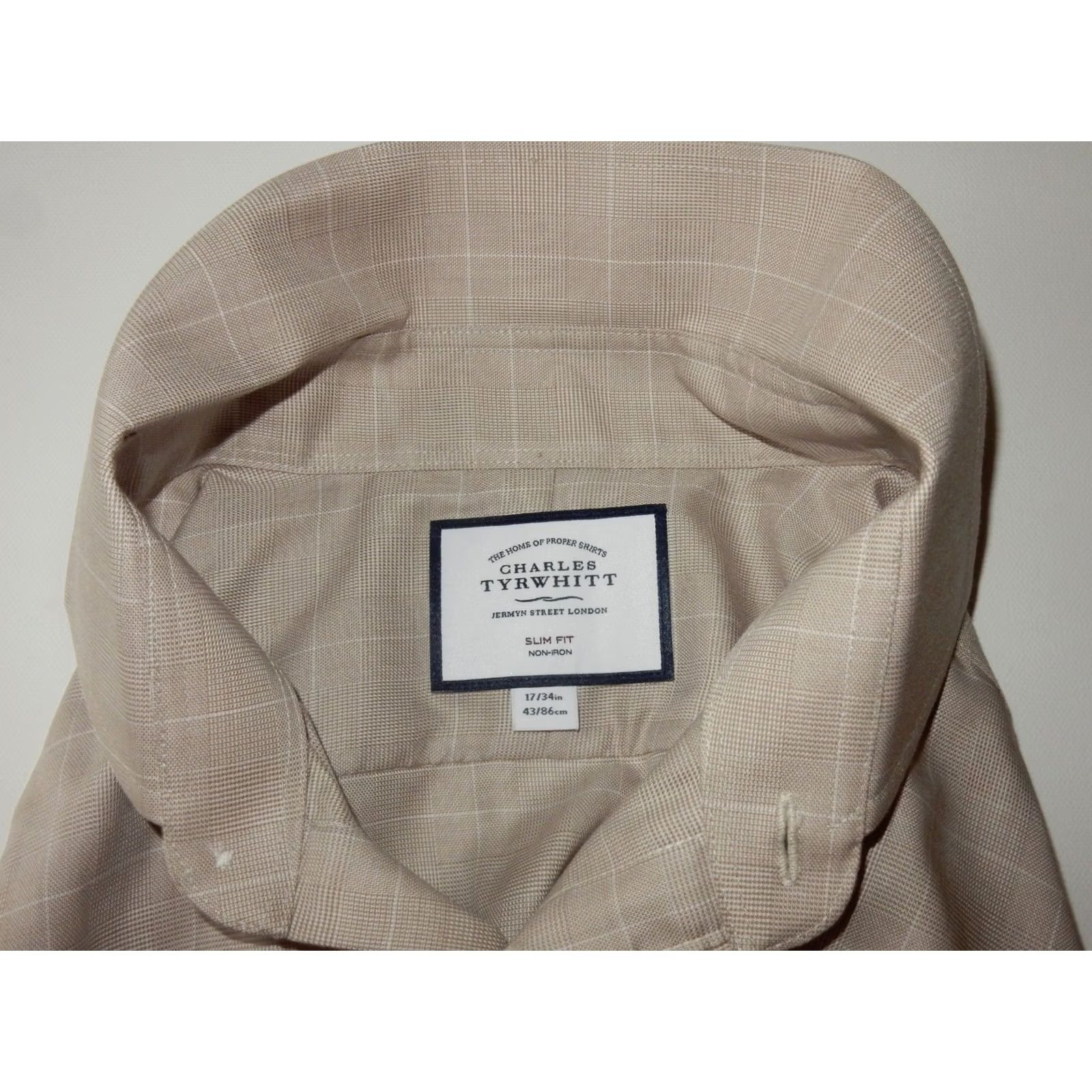 Charles Tyrwhitt Charles Tyrwhitt Mens Dress Shirt Size 17-34 Slim Fit Plaid Beige Long Sleeve Size 46R - 3 Thumbnail