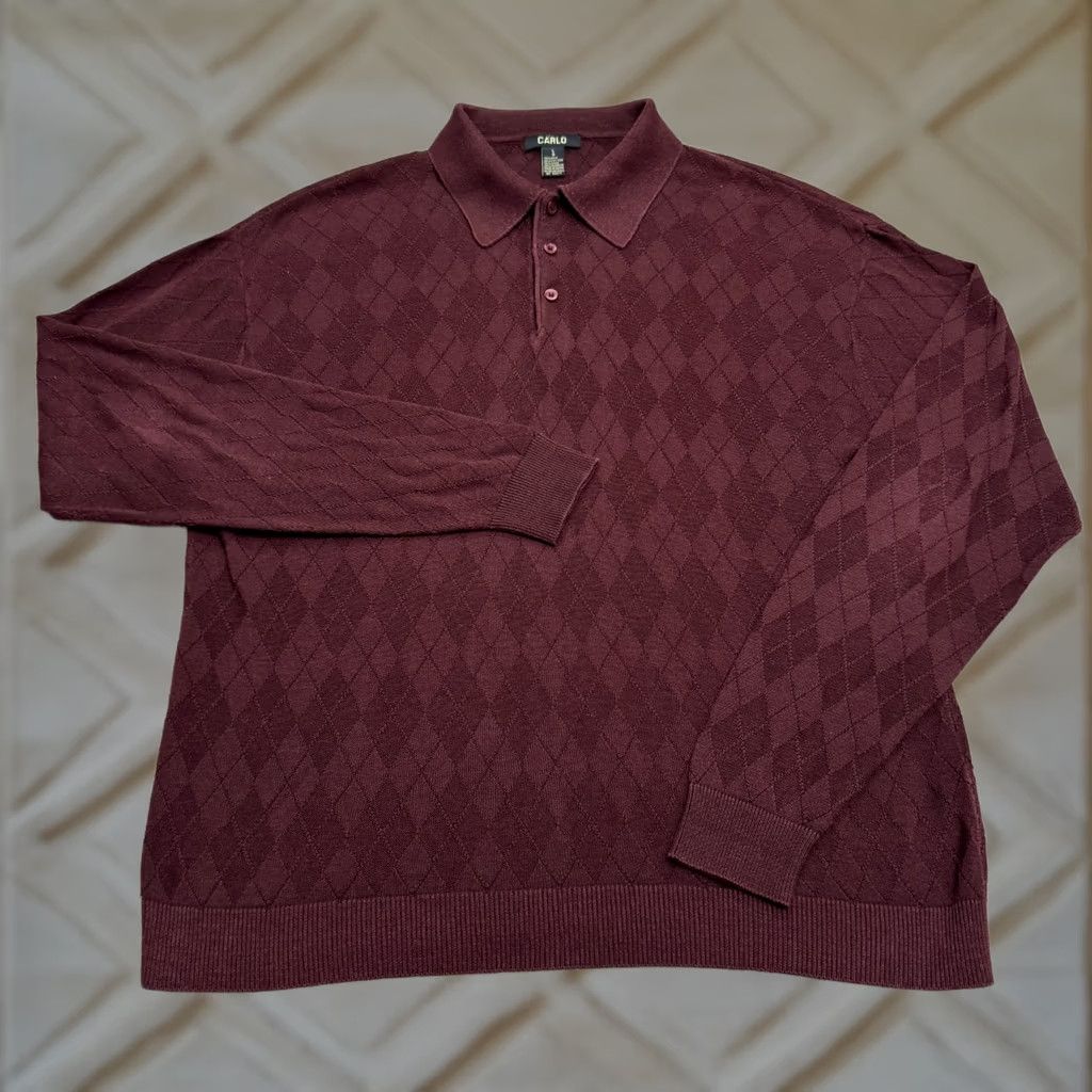Vintage Carlo Argyle Polo Sweater Mens Large Burgundy Cotton Silk Knit Long Sleeve Buttoned Pullover Shirt Size US L / EU 52-54 / 3 - 1 Thumbnail