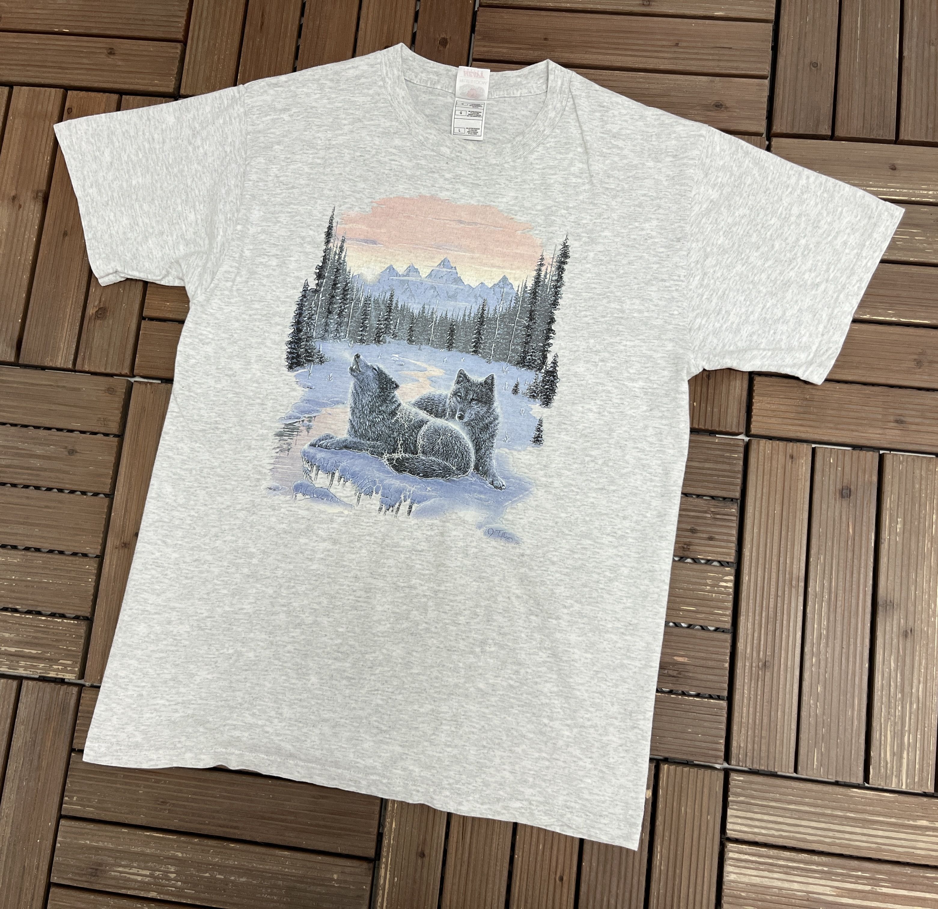 Vintage Wolves In The Forest Vintage Grey T-Shirt Tee Size US L / EU 52-54 / 3 - 3 Thumbnail