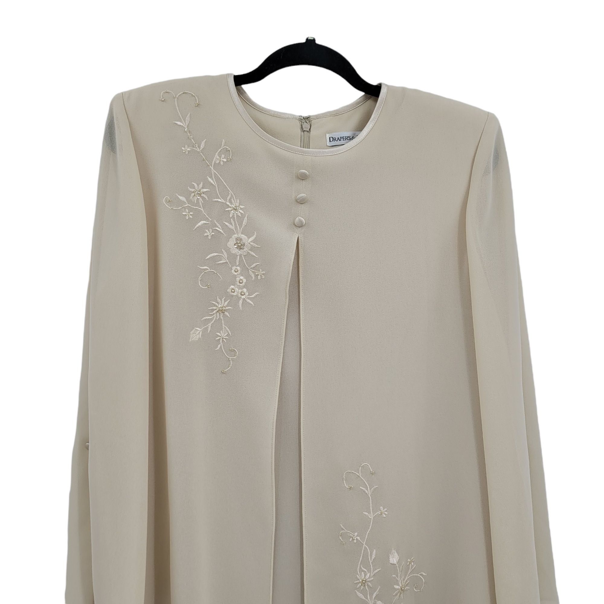 Vintage Vtg Modest Formal Dress Sz 12P Cream Caped Shift Embroidered Size XL / US 12-14 / IT 48-50 - 5 Thumbnail
