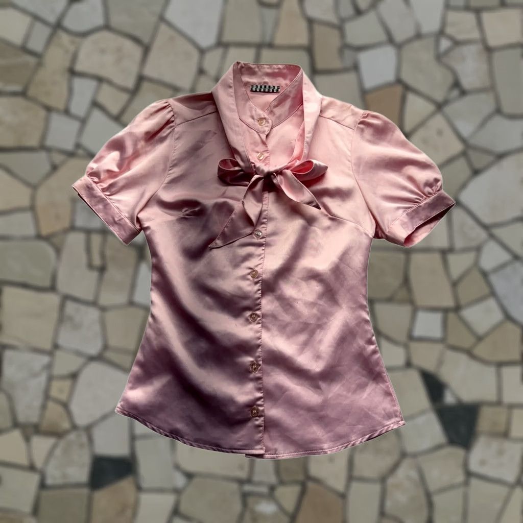 Vintage VINTAGE Cherry Tree Jeans Blouse Shirt Womens XS Pink Short Sleeve Tie Neck Y2K Like New Size XS / US 0-2 / IT 36-38 - 1 Thumbnail