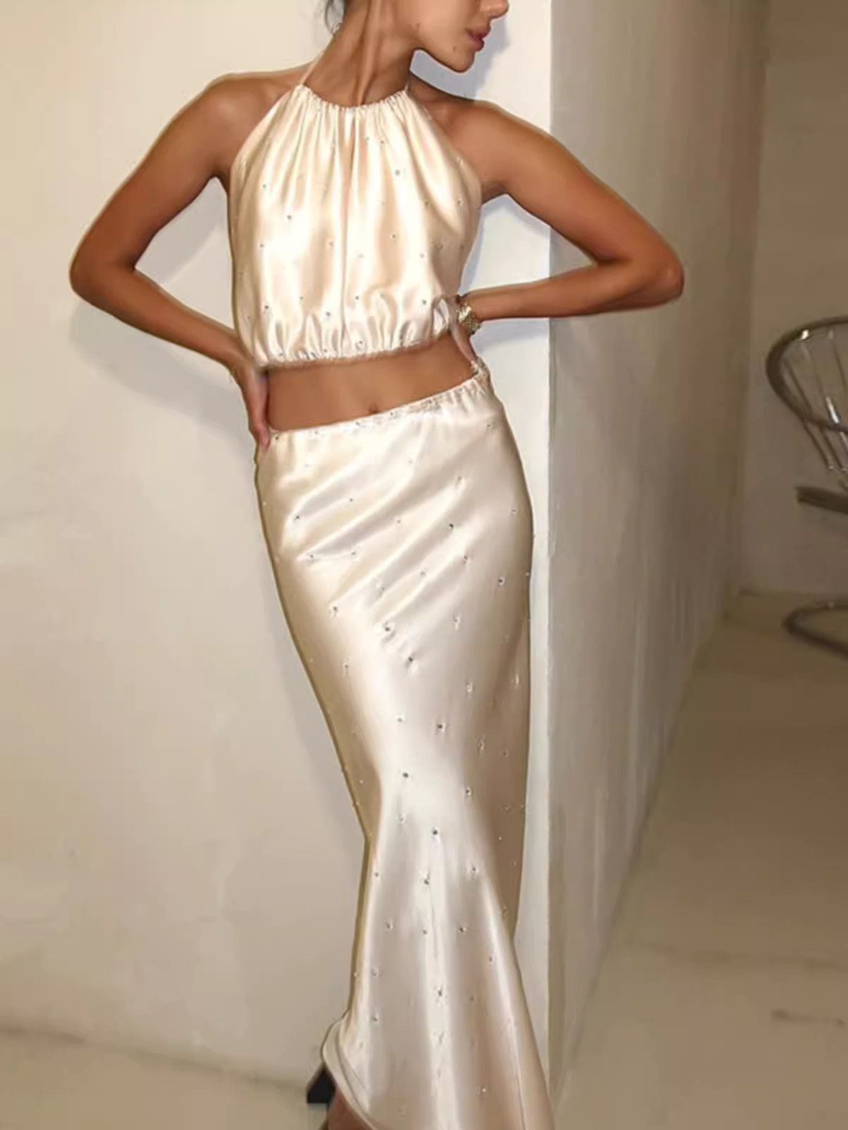 image of Vintage Hottie Halter Satin Drill Skirt Set in Off White, Women's (Size Medium)