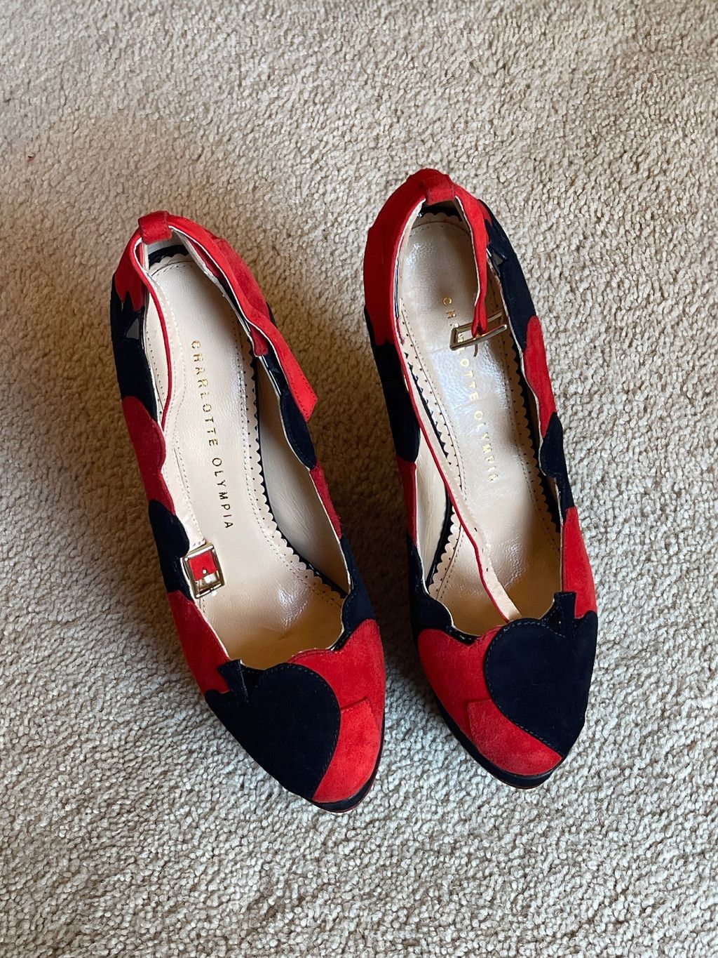 Charlotte Olympia NEW Charlotte Olympia Lady Luck Suede Wedges 37.5 Black Red Size US 7.5 / IT 37.5 - 1 Thumbnail