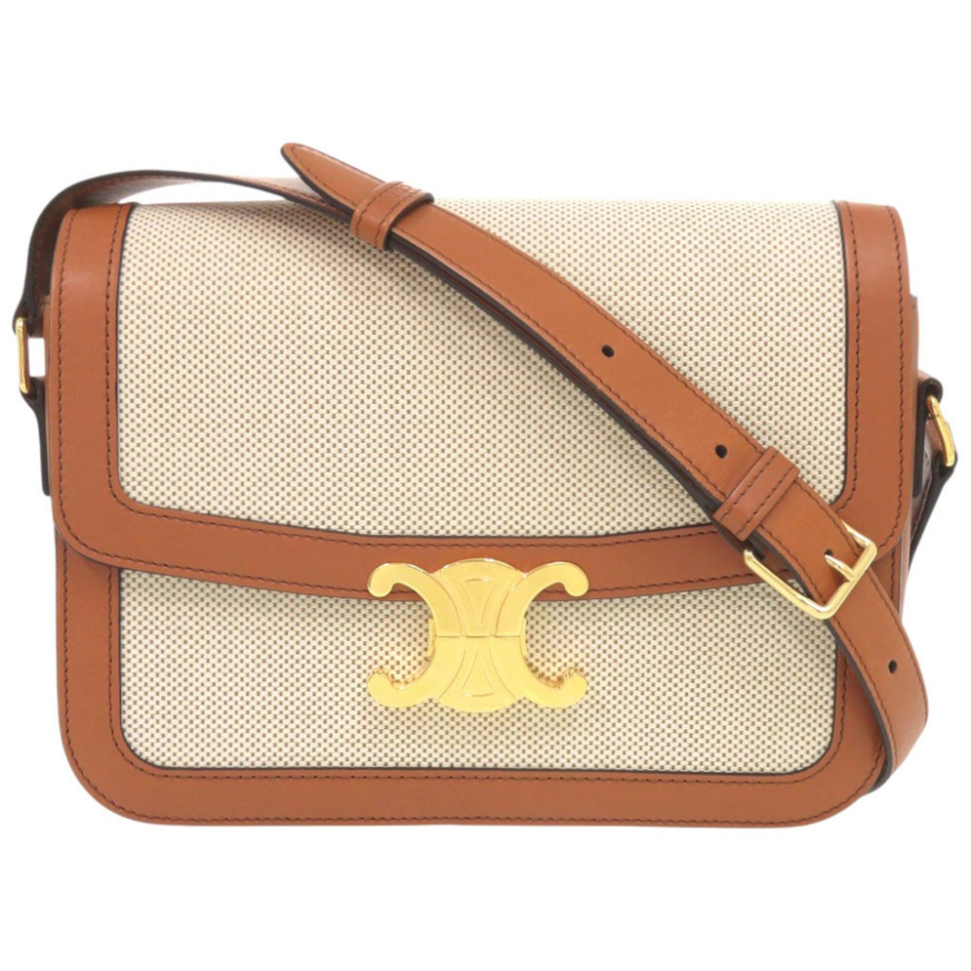 Celine Celine Classic Triomphe Calfskin Textile Natural Tan Shoulder Bag 1385 Size ONE SIZE - 1 Thumbnail