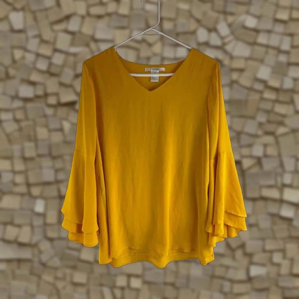 Jordan Brand K. Jordan Blouse Tee Women's Medium Yellow Long Bell Layered Sleeve V-Neck Shirt Women's Size M / US 6-8 / IT 42-44 - 1 Thumbnail