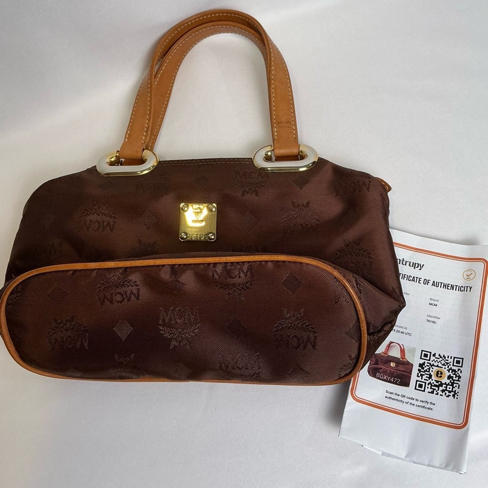 MCM MCM Chestnut Brown Visetos Monogram Nylon Tote Bag Gold Trim Size ONE SIZE - 12 Thumbnail