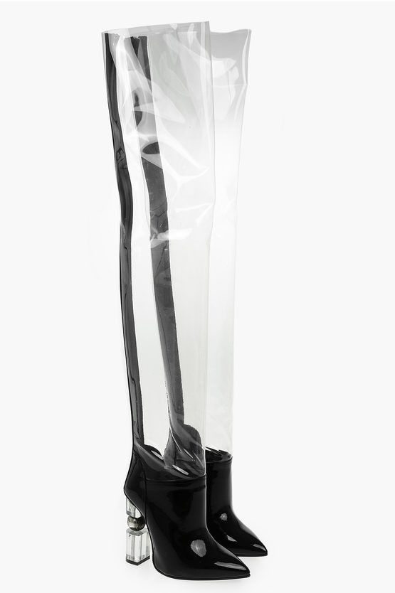 image of Balmain Pvc And Polished Leather Inna Thigh Boots With Sculptural He in Black, Women's (Size 8)