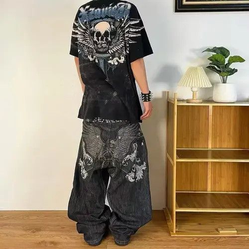 VIBE Retro Skull Wings Embroidered Baggy Jeans Size US 30 / EU 46 - 1 Thumbnail