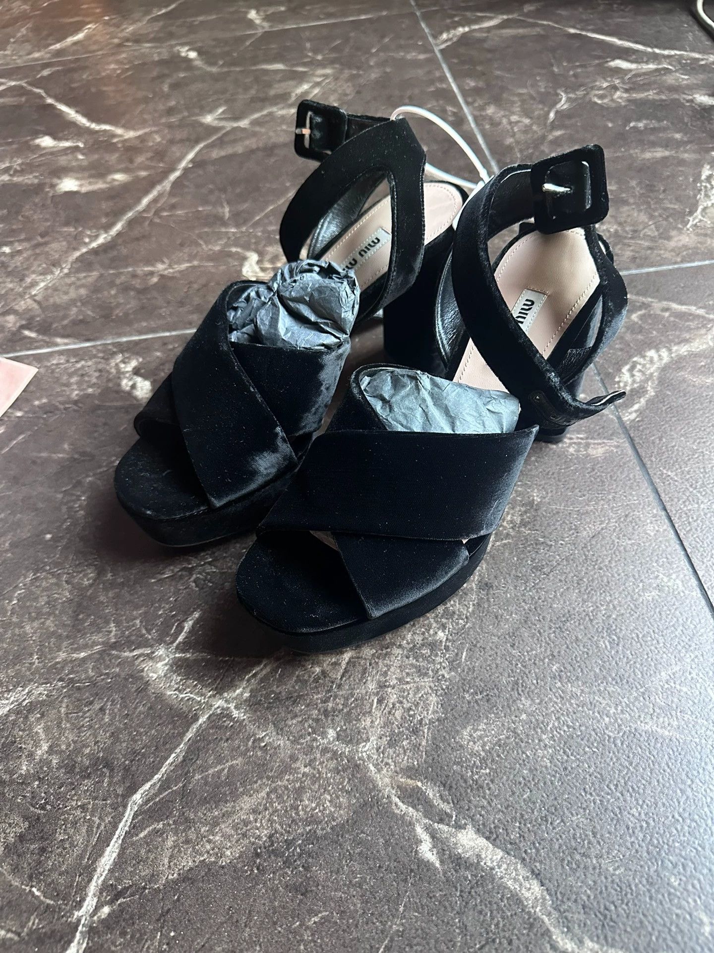Miu Miu MIU MIU Jodie Open Toe Platform Heels Black Velvet 37.5 Size US 7 / IT 37 - 1 Thumbnail