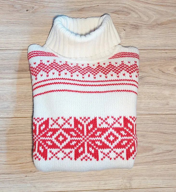 Other 100% wool sweater turtleneck Jean Paul ecru red thick weave Size L / US 10 / IT 46 - 2 Thumbnail