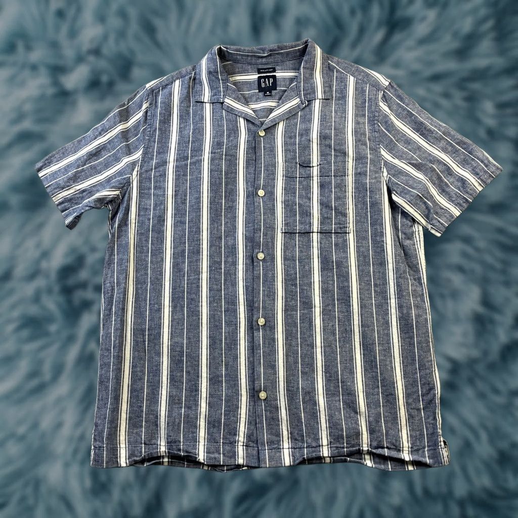 Gap VINTAGE Gap Shirt Camp Collar Button-Up Mens Medium Blue Striped Hawaiian Pattern Short Sleeve Linen Blend Size US M / EU 48-50 / 2 - 1 Thumbnail
