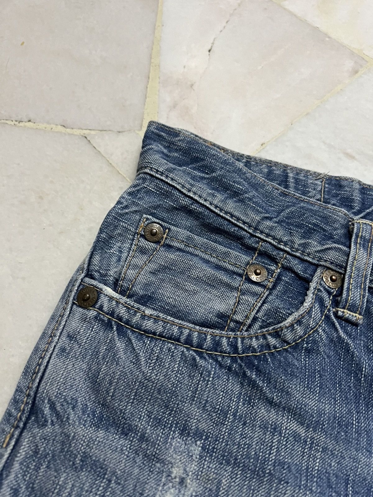 Edwin × Japanese Brand 💥Flare💥Edwin 503 Blue Trip Faded Distressed Jean Size US 30 / EU 46 - 9 Thumbnail