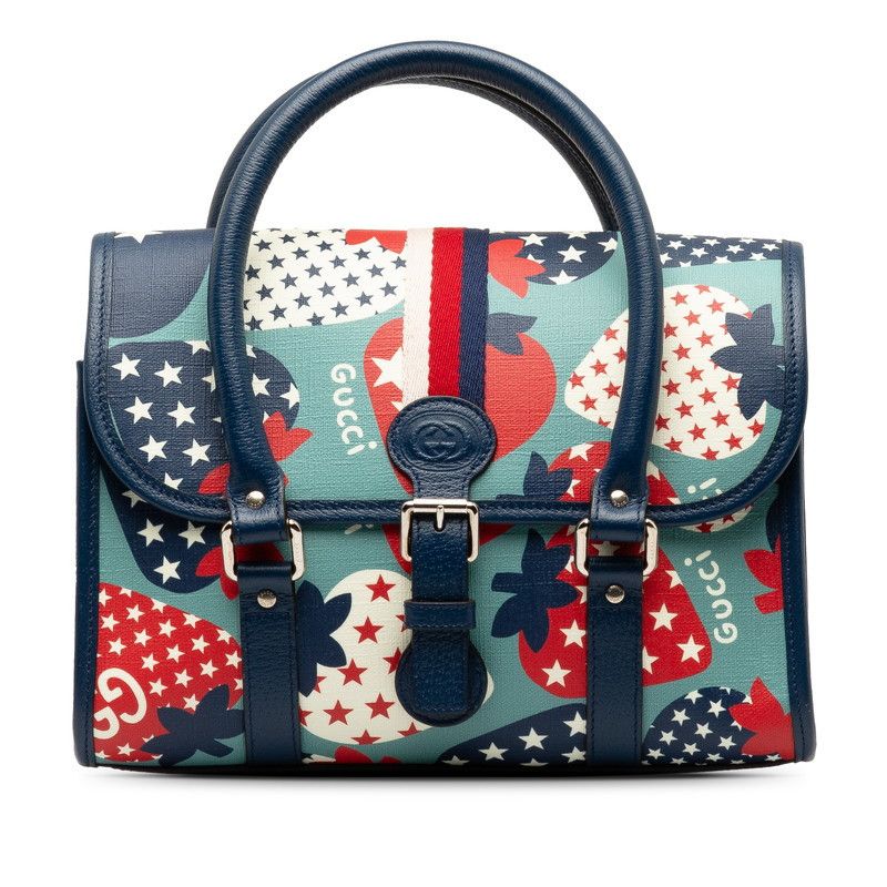 image of Gucci Strawberry Print Top Handle Bag in Blue, Women's