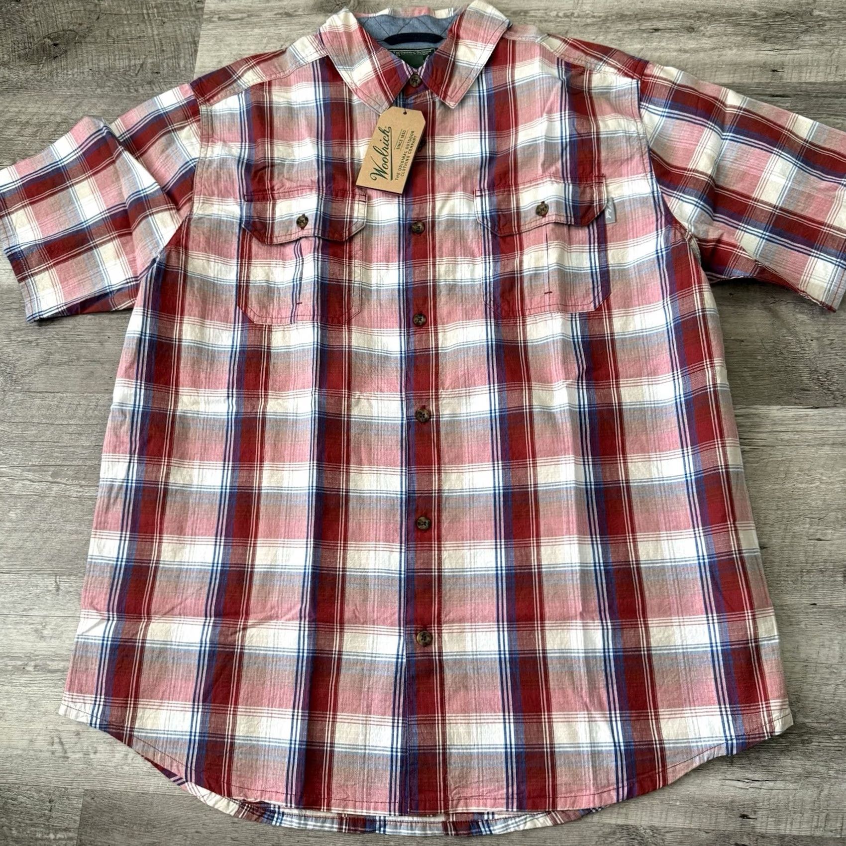 Vintage Woolrich Mens Large Dark Red Plaid Midway Yarn Button Up Short Sleeve Shirt Size US L / EU 52-54 / 3 - 7 Thumbnail