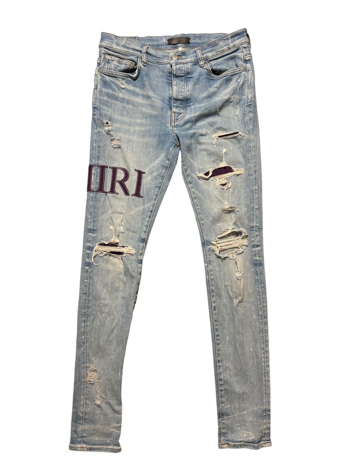Amiri Amiri Mx1 Light Wash Serif Logo Purple Patch Jeans - Size 34 Size US 34 / EU 50 - 1 Thumbnail