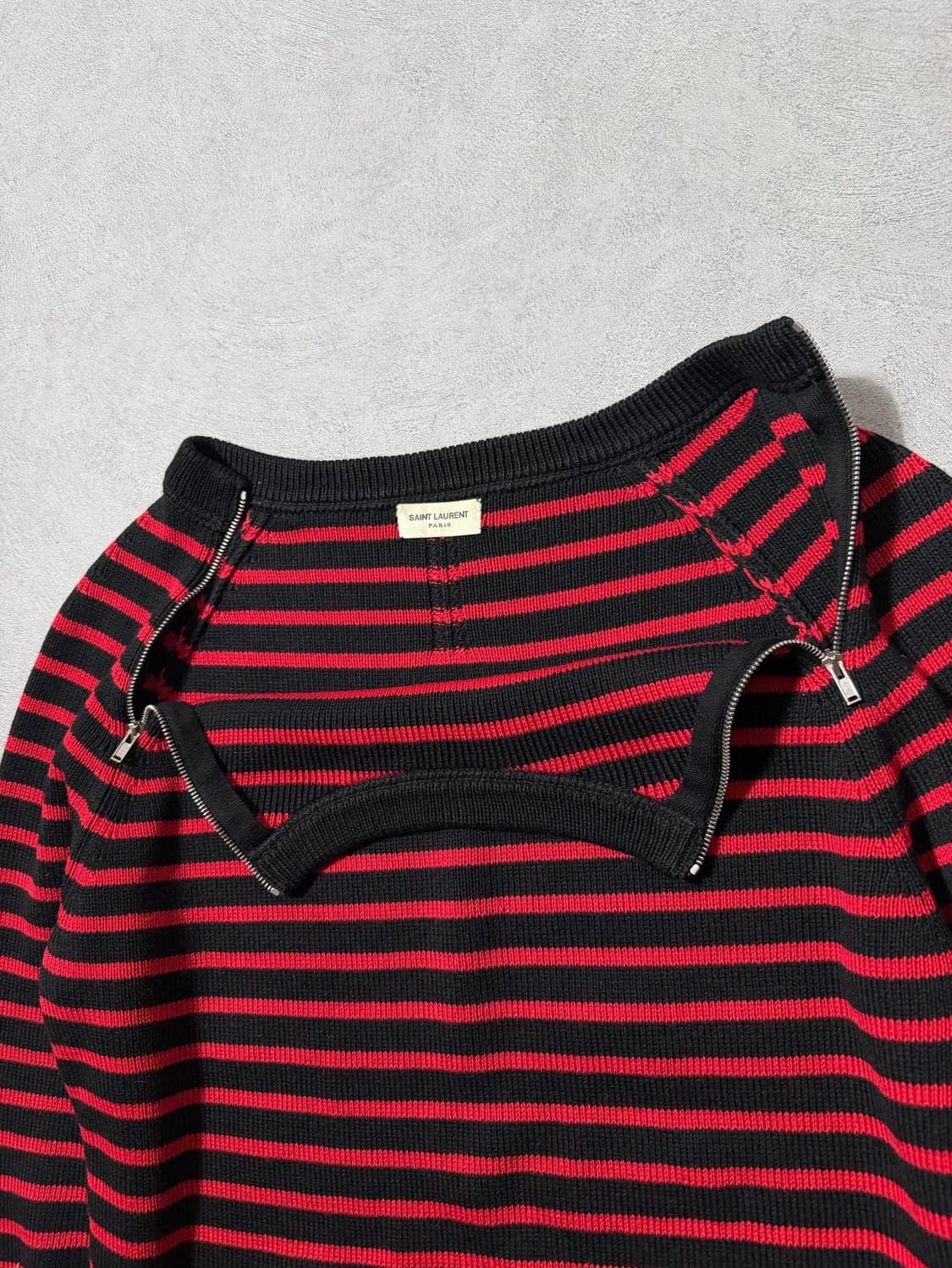 Saint Laurent Paris Saint Laurent Hedi Shoulder Zipper Border Knit Sweater Size US M / EU 48-50 / 2 - 7 Thumbnail