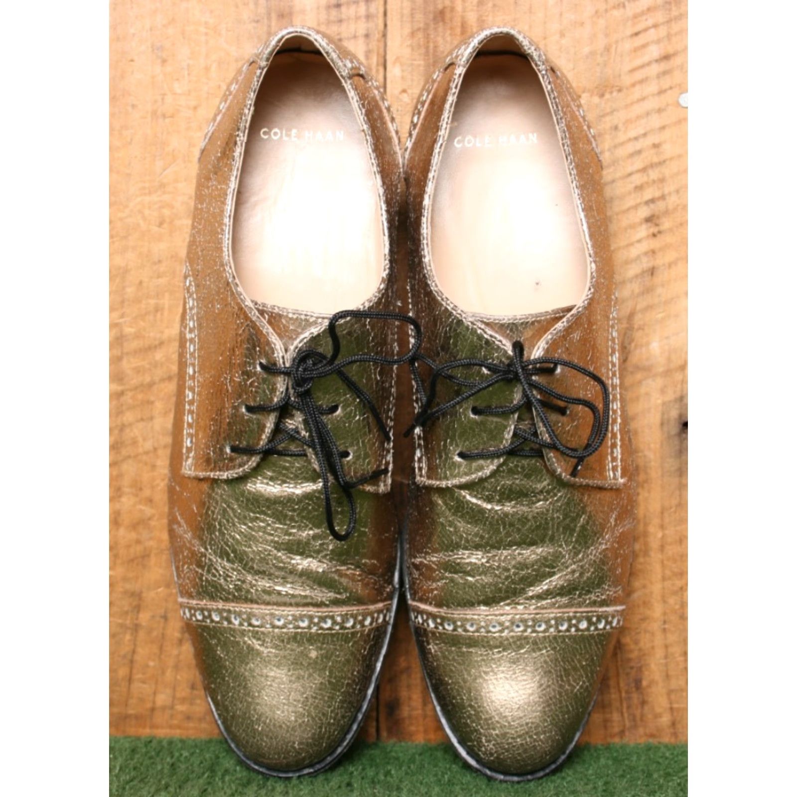 Cole Haan VINTAGE COLE HAAN Gramercy Gold Crackled Leather Brogue Cap Toe Oxford Women's 9.5 B Size ONE SIZE - 4 Thumbnail