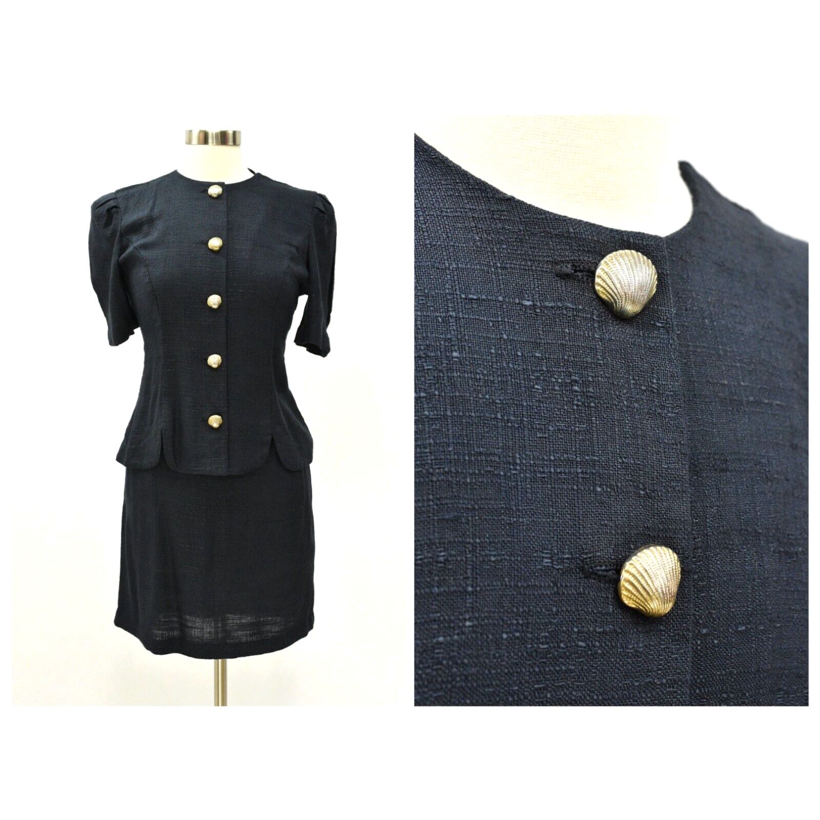 image of 80's Vintage Black Textured Skirt Suit Princess Seams Scalloped Hem Womens S in White