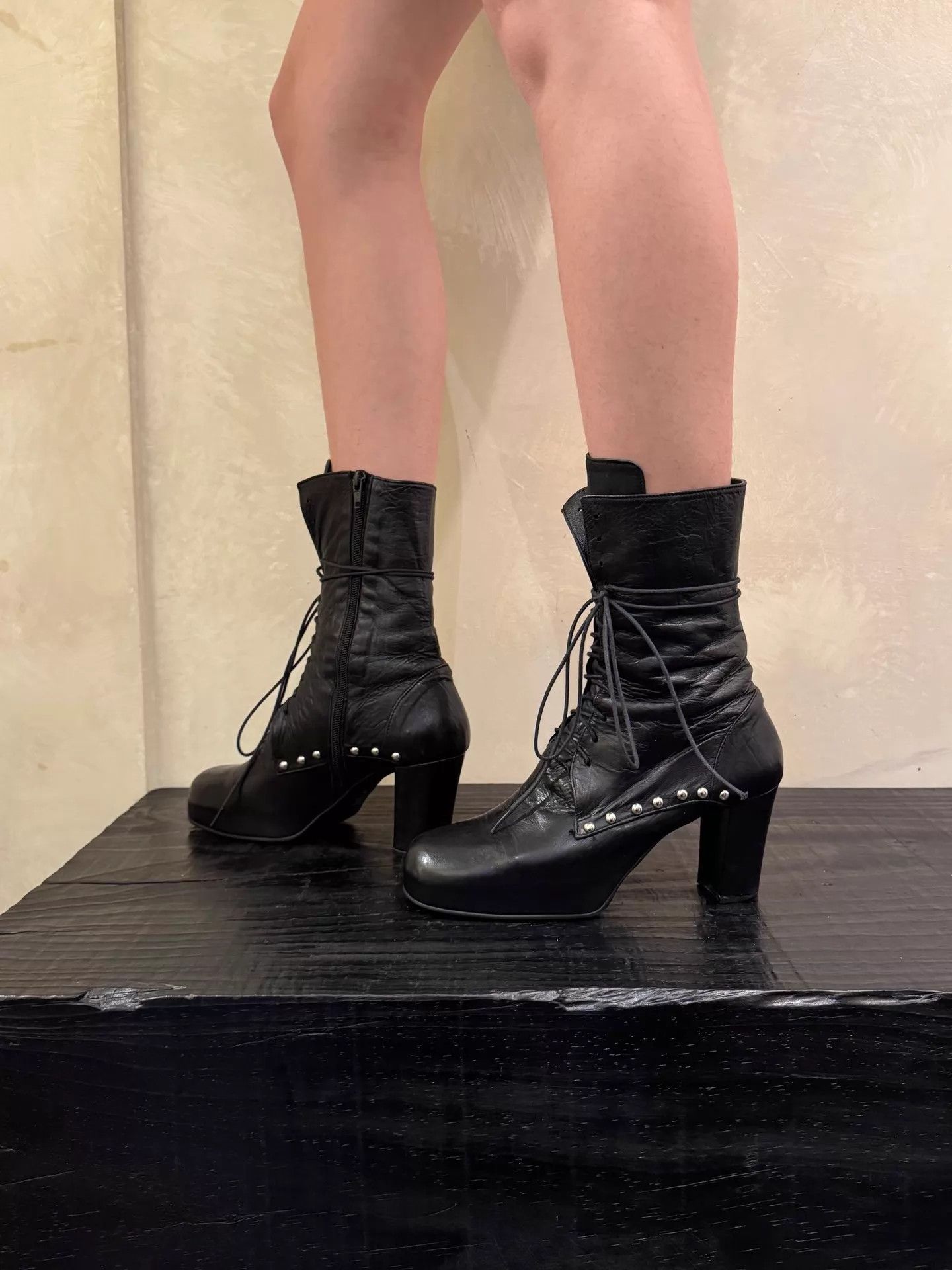 Other Japanese Brand Dark Black Strappy Short Boots 38 8cm Size US 7.5 / IT 37.5 - 7 Thumbnail