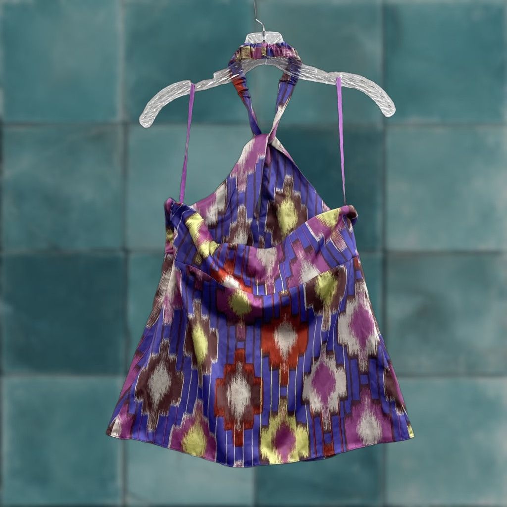 Vintage VINTAGE Y2K Halter Top Purple Satin 70s Groovy Disco Pattern Keyhole Shirt M Womens Size M / US 6-8 / IT 42-44 - 1 Thumbnail