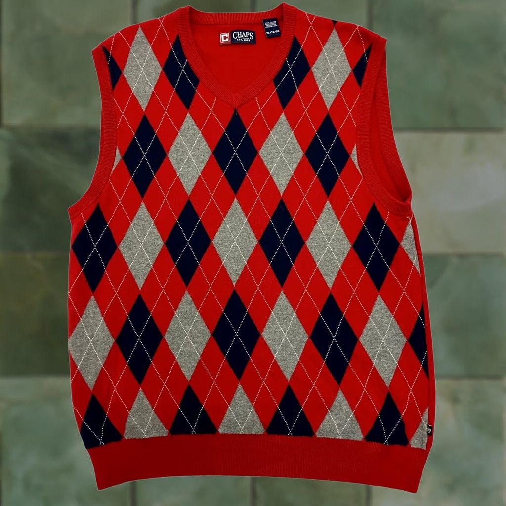 Chaps Chaps Vest XL Argyle Red Navy Grey V Neck Cotton Knit Shirt/Presenter: Jumper? Size US XL / EU 56 / 4 - 1 Thumbnail