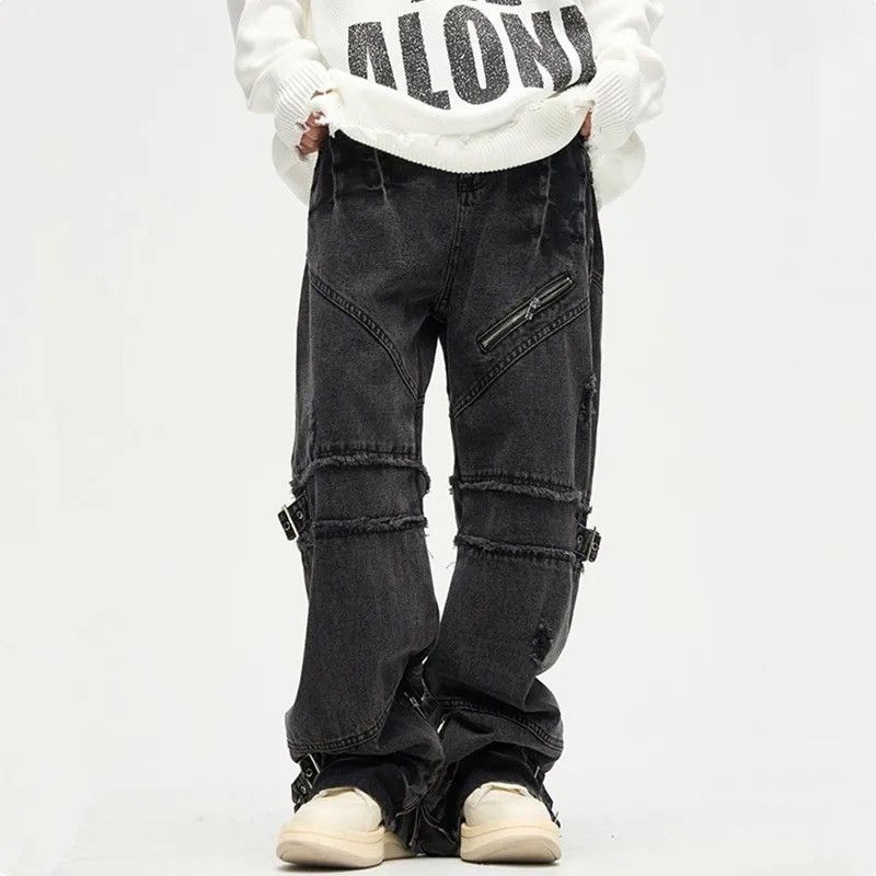 image of Y2K Black Baggy Ripped Stacked Cargo Jeans, Men's (Size 33)