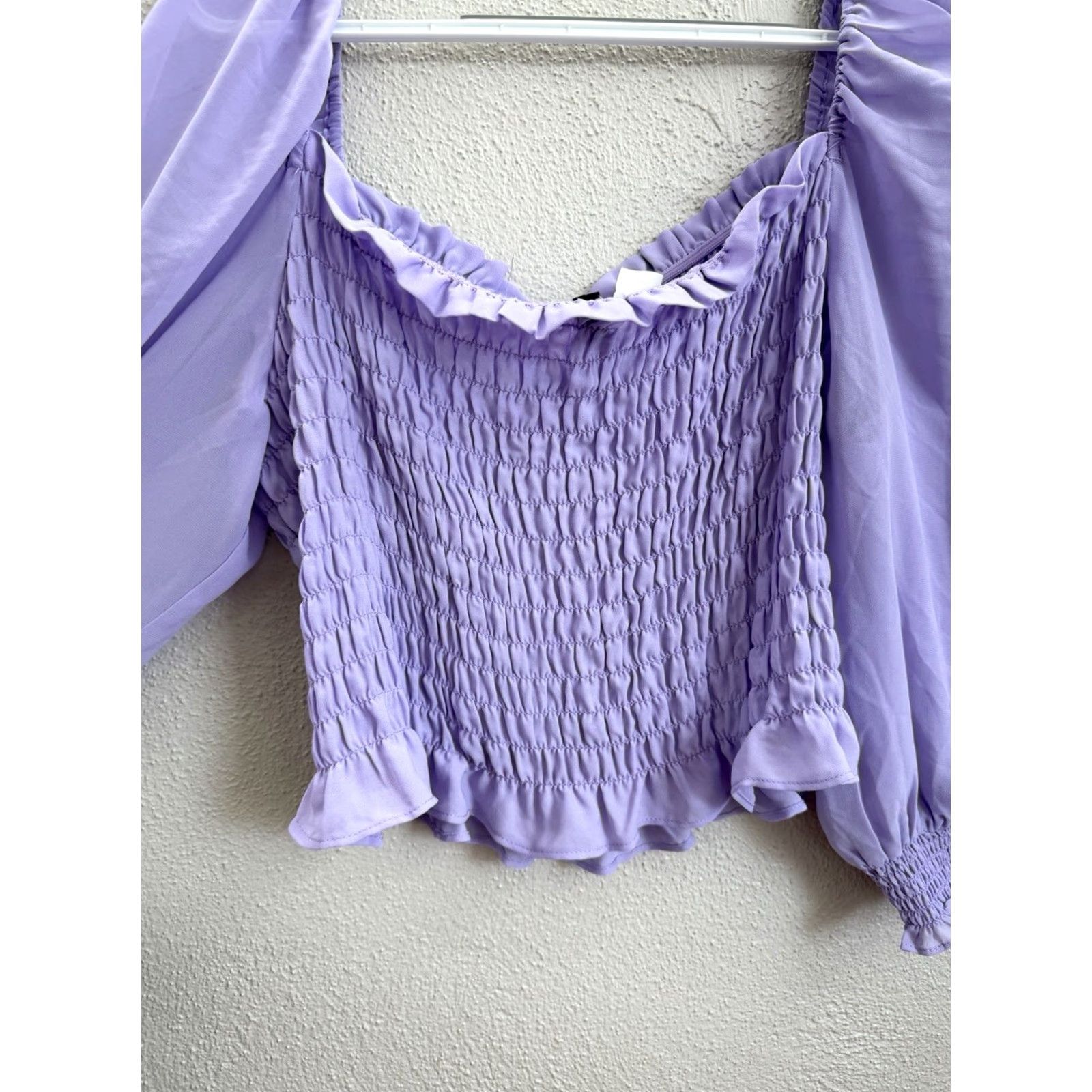 H&M H&M Womens Top L Purple Cropped Smocked Long Sleeve Balloon Sleeve Square Neck Size L / US 10 / IT 46 - 3 Thumbnail