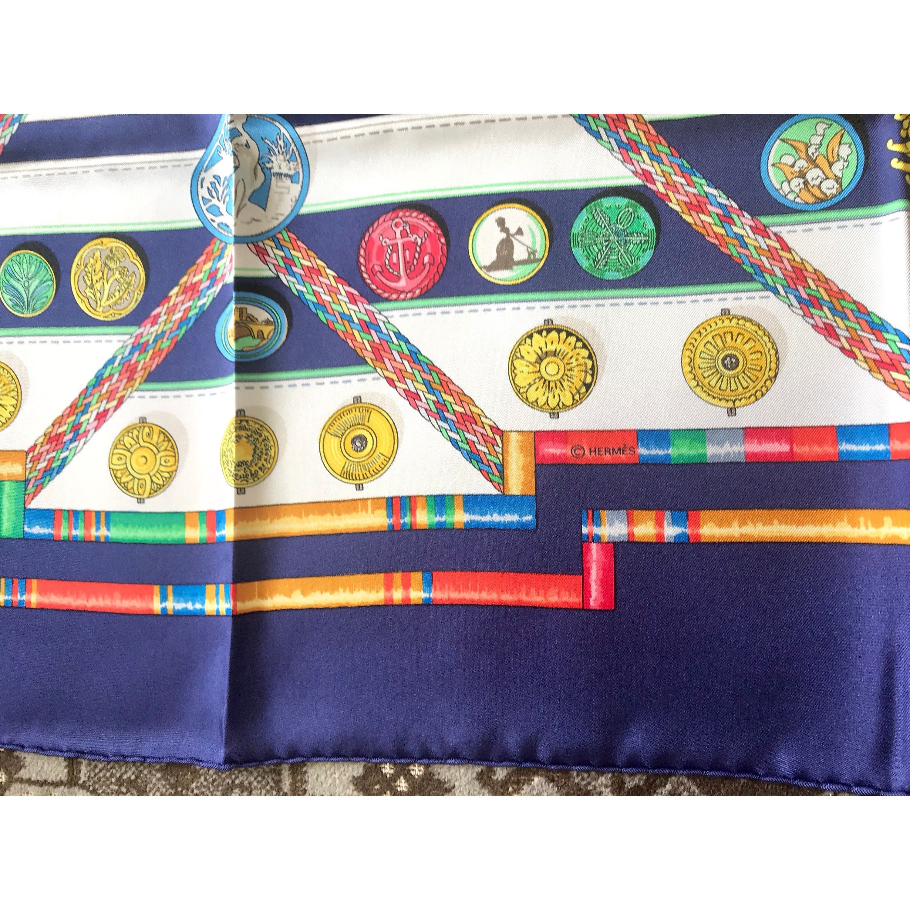 Hermes Vintage HERMES Carre navy silk scarf with yellow, pink, gree Size ONE SIZE - 8 Thumbnail