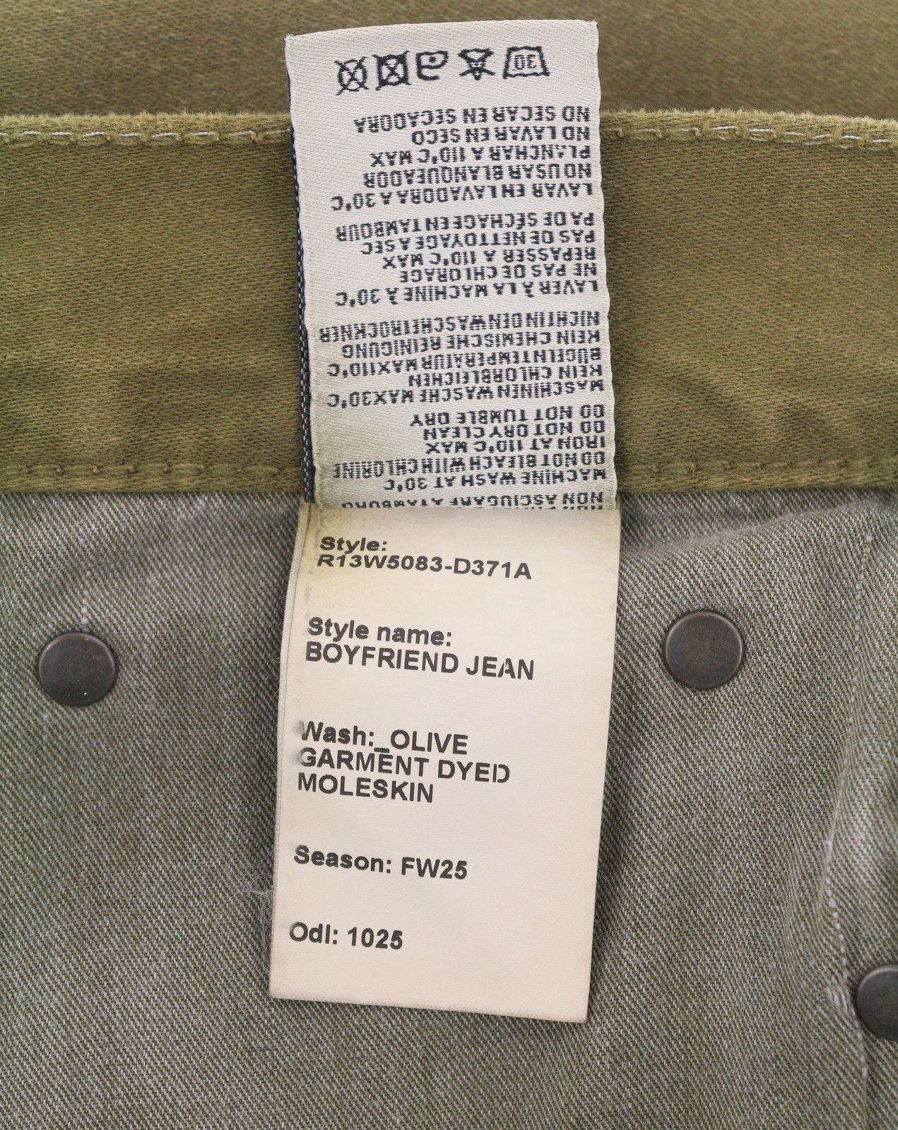 R13 BOYFRIEND 28 Olive Garment Dyed Moleskin Faded FW25 86535 Size 28" / US 6 / IT 42 - 8 Thumbnail