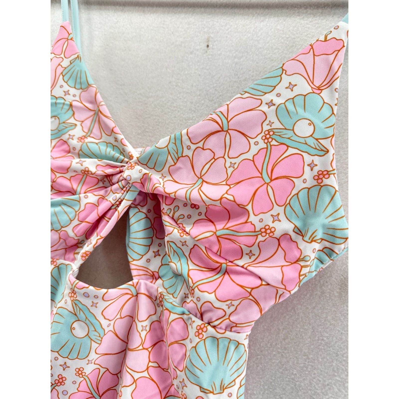 Vintage Caden Lane One-Piece Swimsuit Pink Blue Women's L Floral Spaghetti Straps Padded Stretch Beach Mermaid Size ONE SIZE - 5 Thumbnail