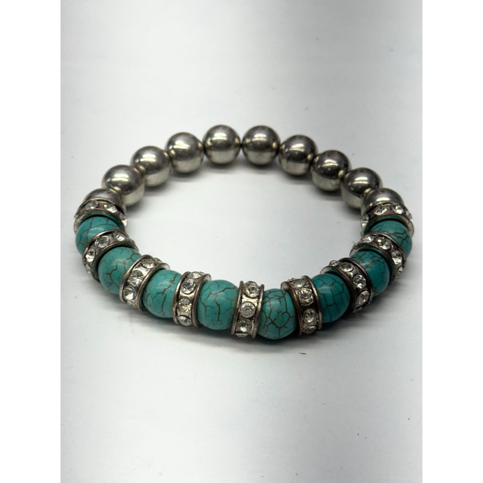 Vintage Vintage silver turquoise rhinestone beaded stretch bracelet Size ONE SIZE - 2 Thumbnail