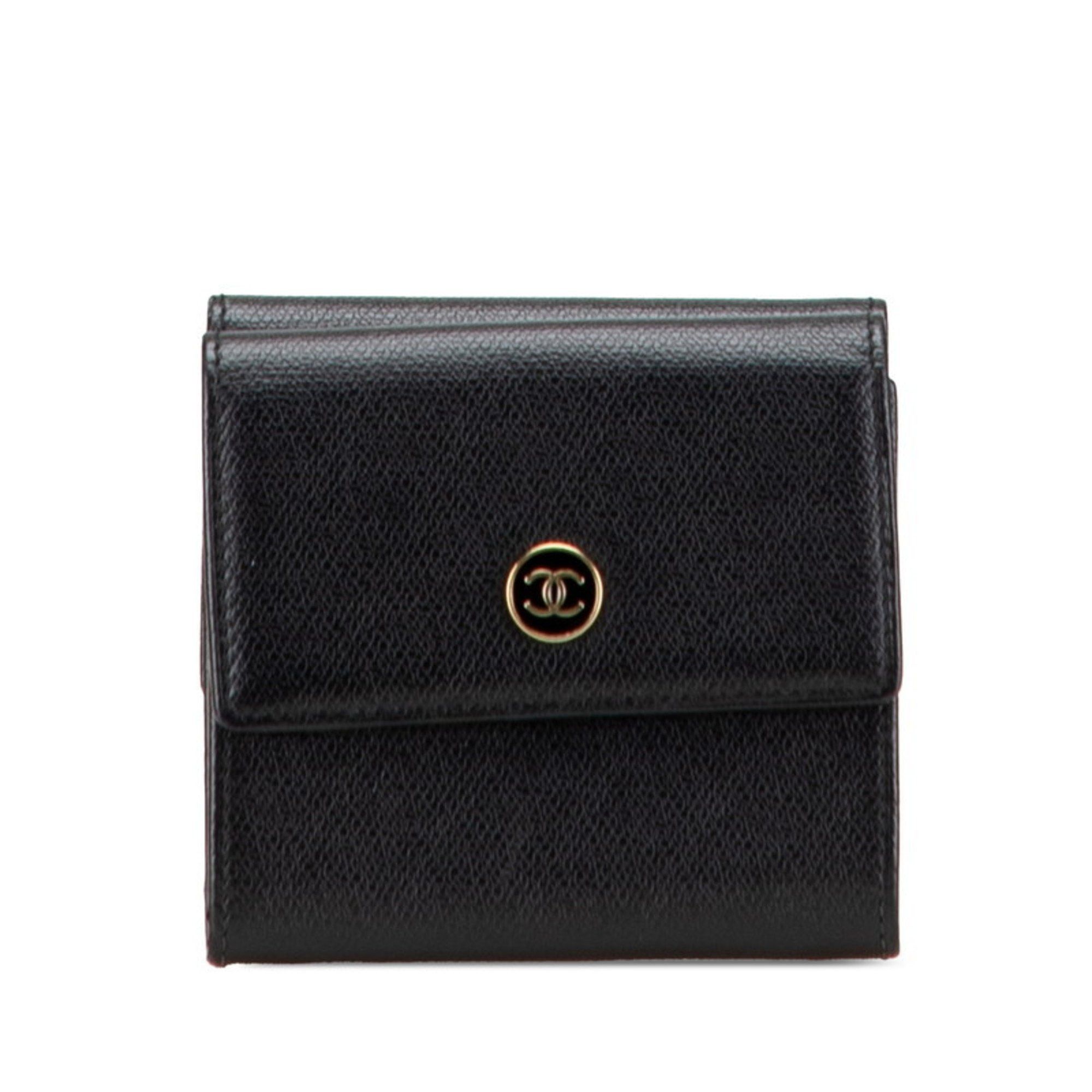 Chanel CHANEL Coco Button Tri-fold Wallet Black Leather Women's Size ONE SIZE - 1 Thumbnail