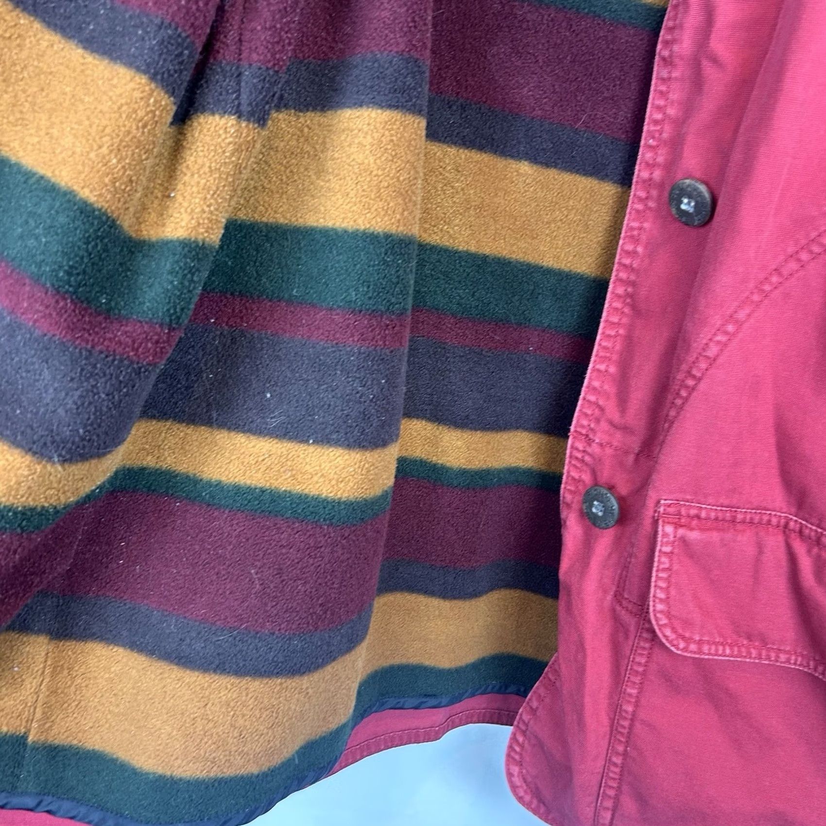 Vintage Woolrich Coat Women Medium Red Corduroy Collar Blanket Stripe Fleece Lining Overcoat Size M / US 6-8 / IT 42-44 - 3 Thumbnail