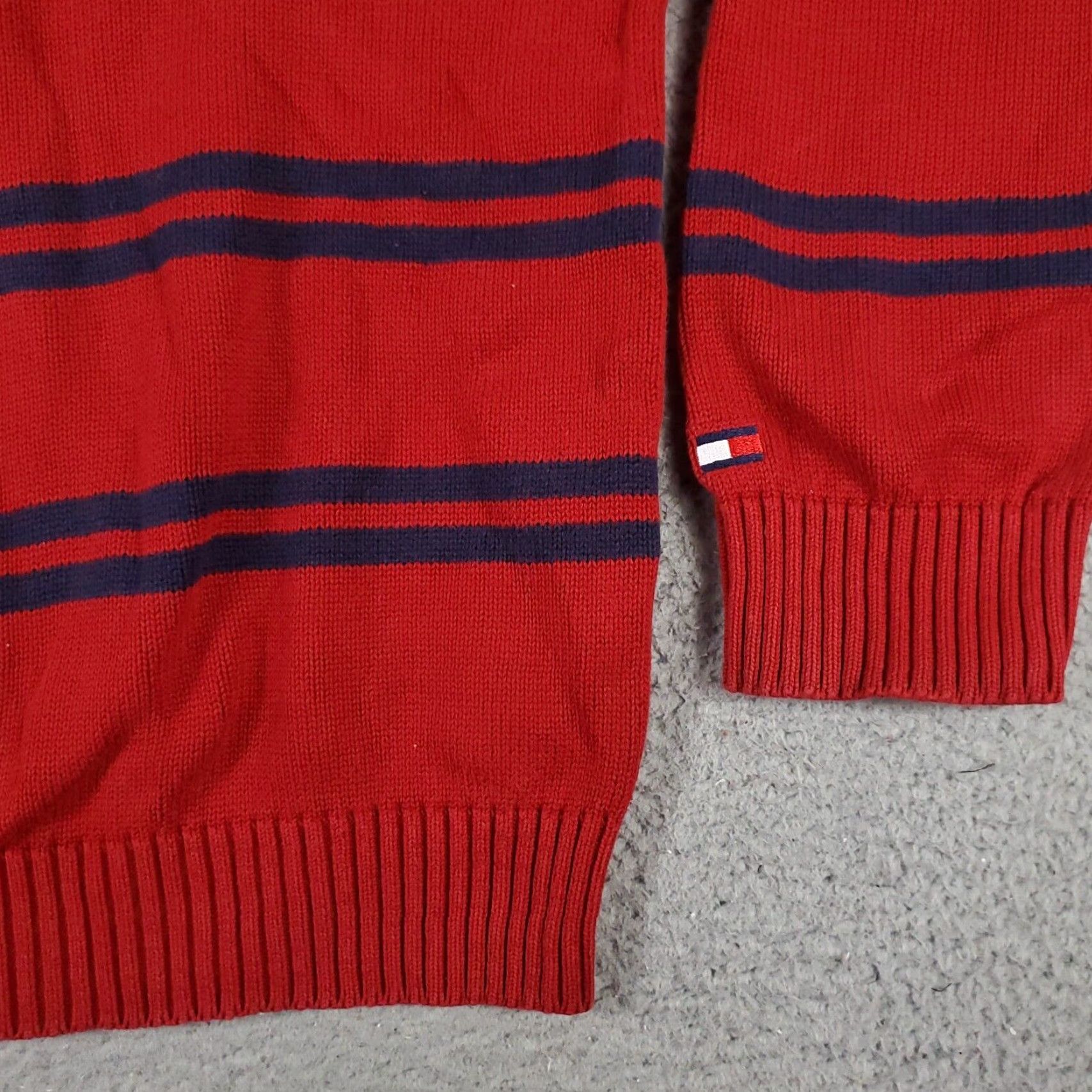 Tommy Hilfiger VINTAGE Tommy Hilfiger Mens XL Red Blue Striped Pullover Sweater Cotton Blend Long Sleeve V-Neck Logo Knit Size US XL / EU 56 / 4 - 4 Thumbnail